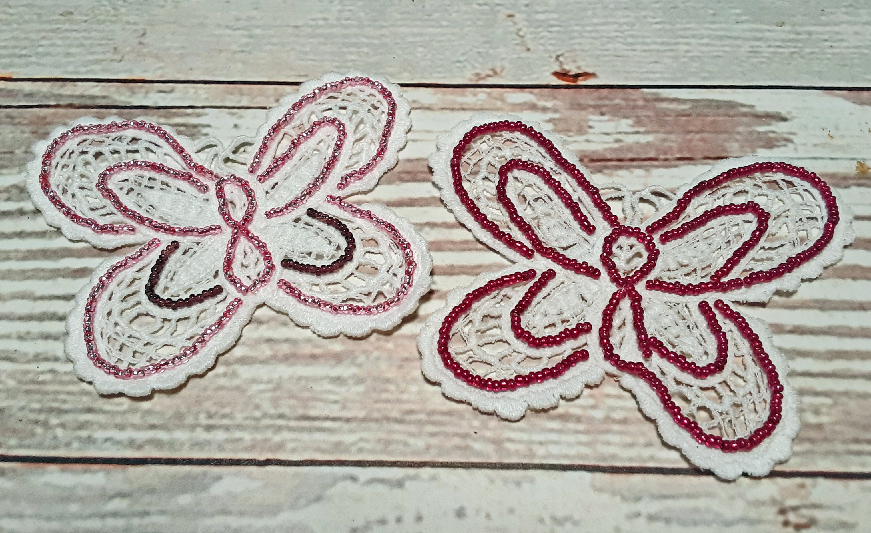 Hand Beaded White Lace Butterfly and Doily Appliques - set of 4