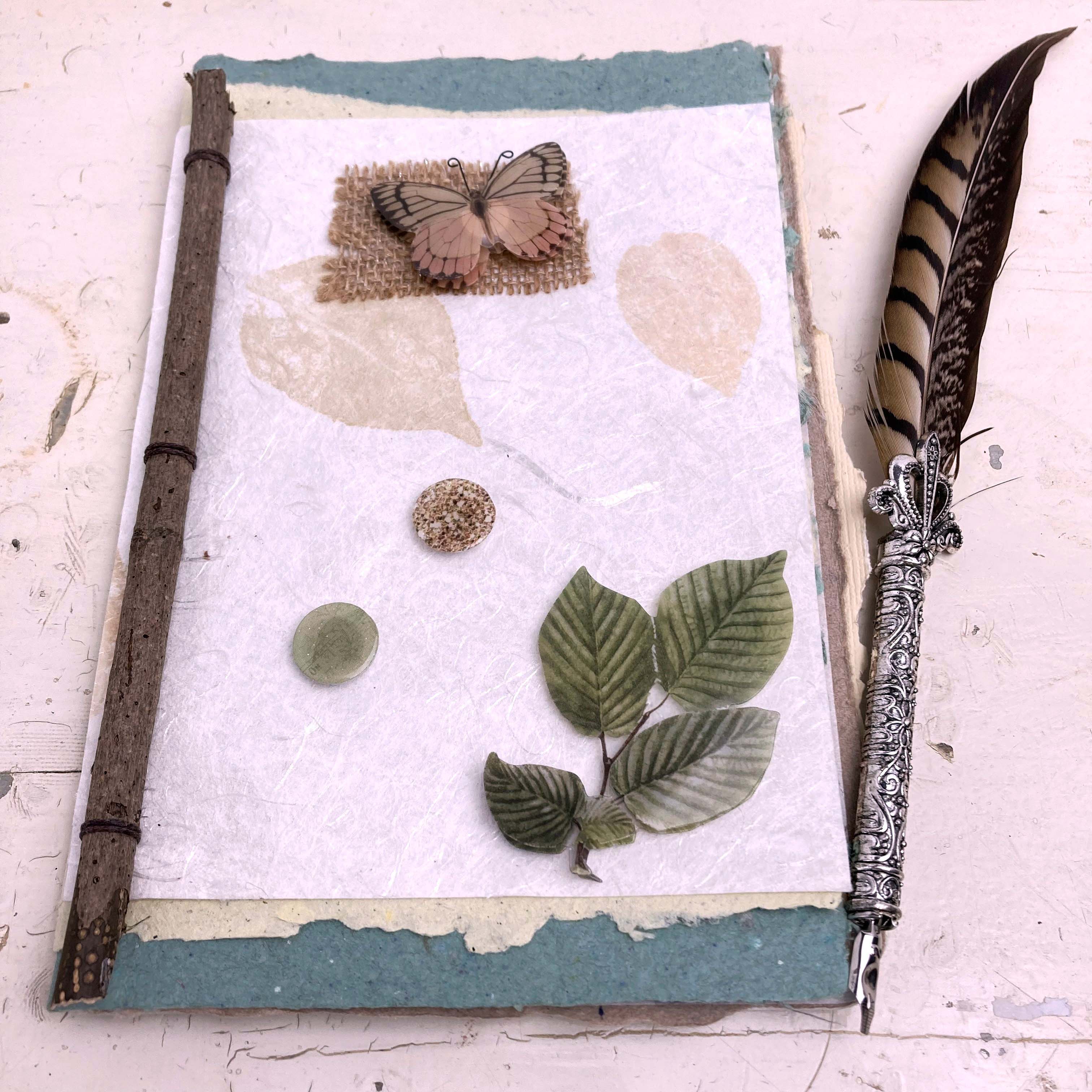 Botanical Art Journal with Handmade Paper Cover, Variety of Mixed Media Pages, Hand Sewn Binding with Stick Inserted