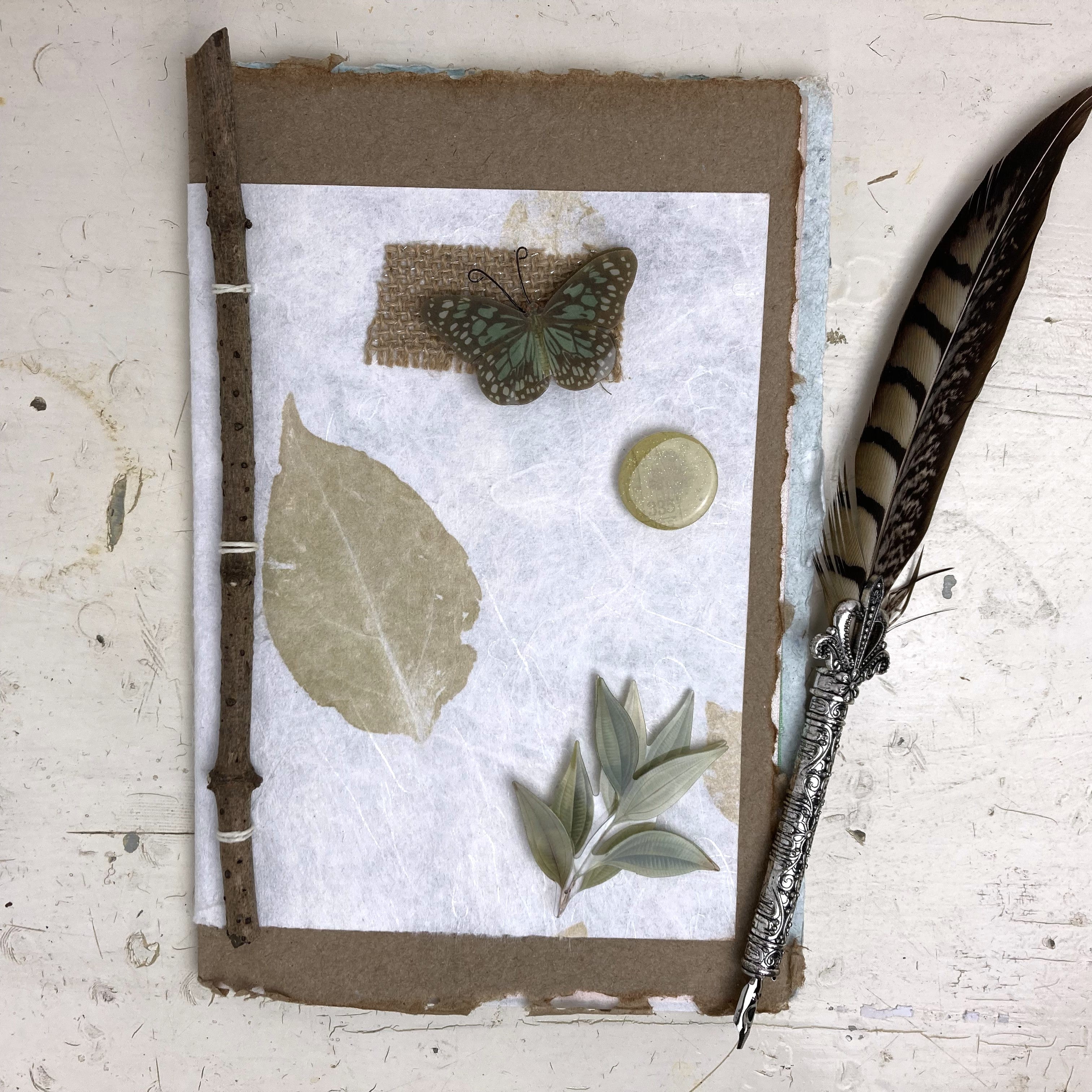 Botanical Art Journal with Handmade Paper Cover, Variety of Mixed Media Pages, Hand Sewn Binding with Stick Inserted