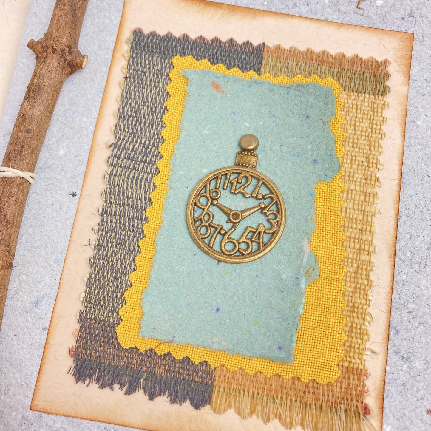 Art Journal with Handmade Paper Cover, Vintage-Style Brass Colored Clock on Cover, Mixed Media Pages, Hand Sewn Binding with Stick Inserted