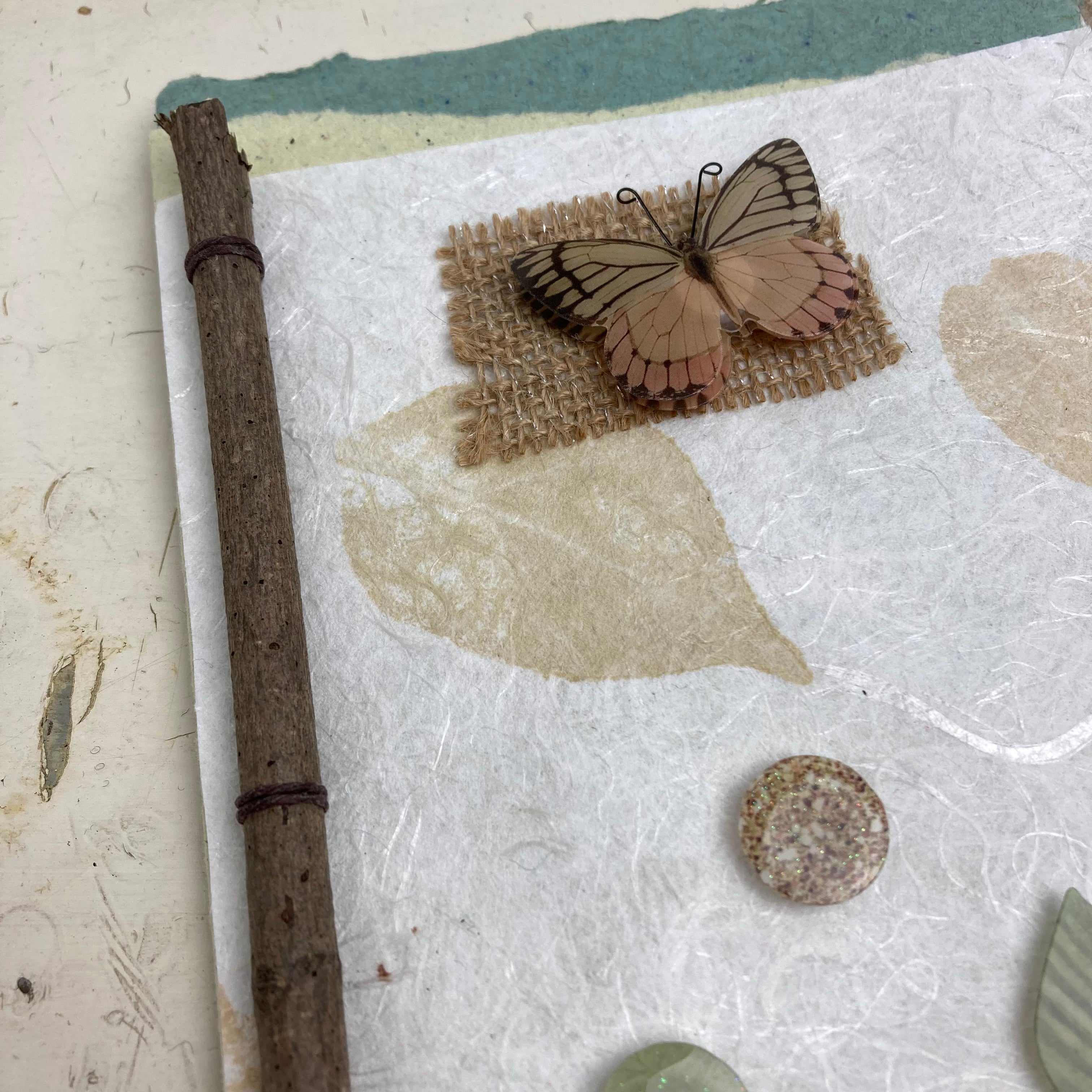 Botanical Art Journal with Handmade Paper Cover, Variety of Mixed Media Pages, Hand Sewn Binding with Stick Inserted