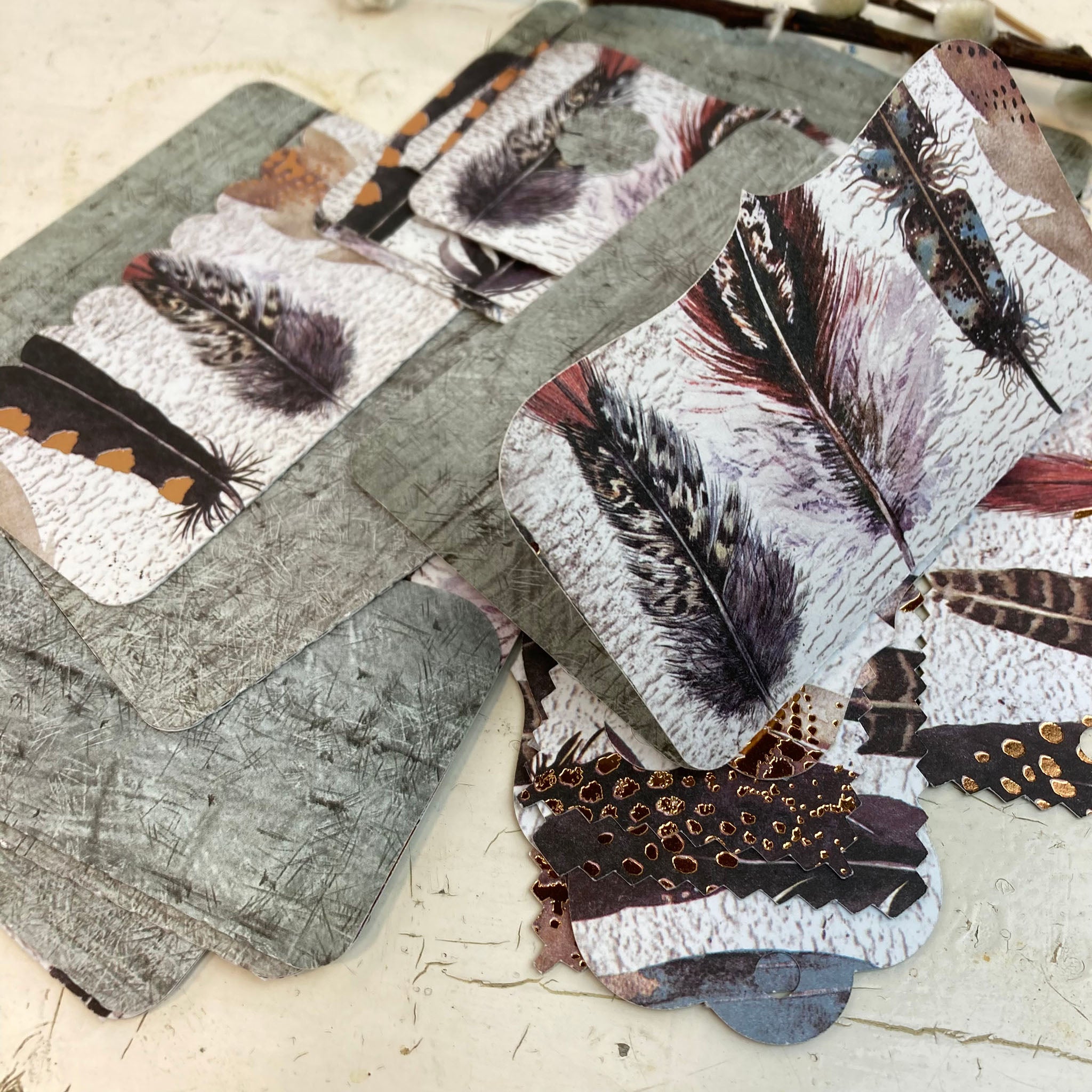 Mini File Folders, for Junk Journals and Paper Crafts, Happy Mail Gift, Die Cut Folders with Tabs, Feather theme - set of 12