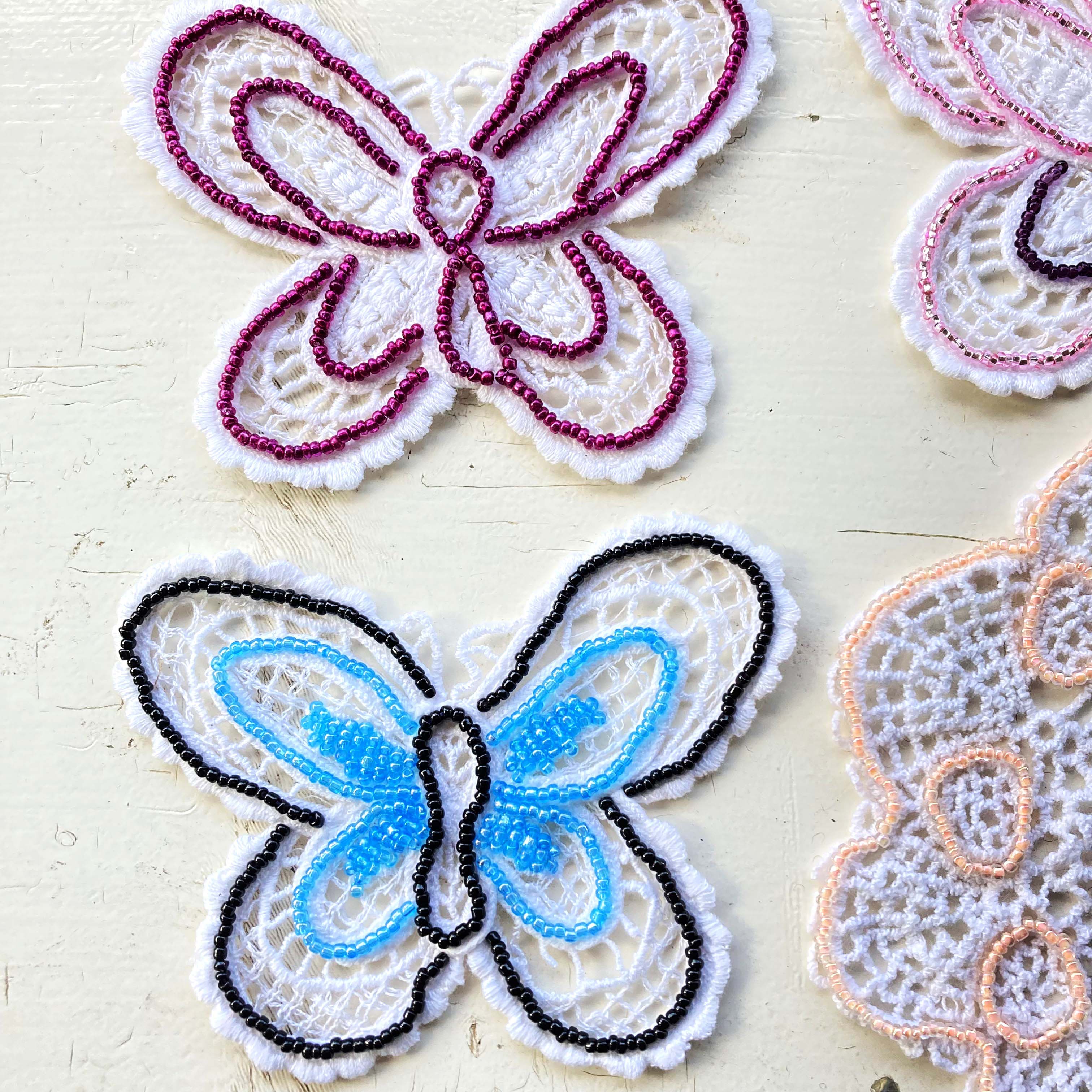 Hand Beaded White Lace Butterfly and Doily Appliques - set of 4