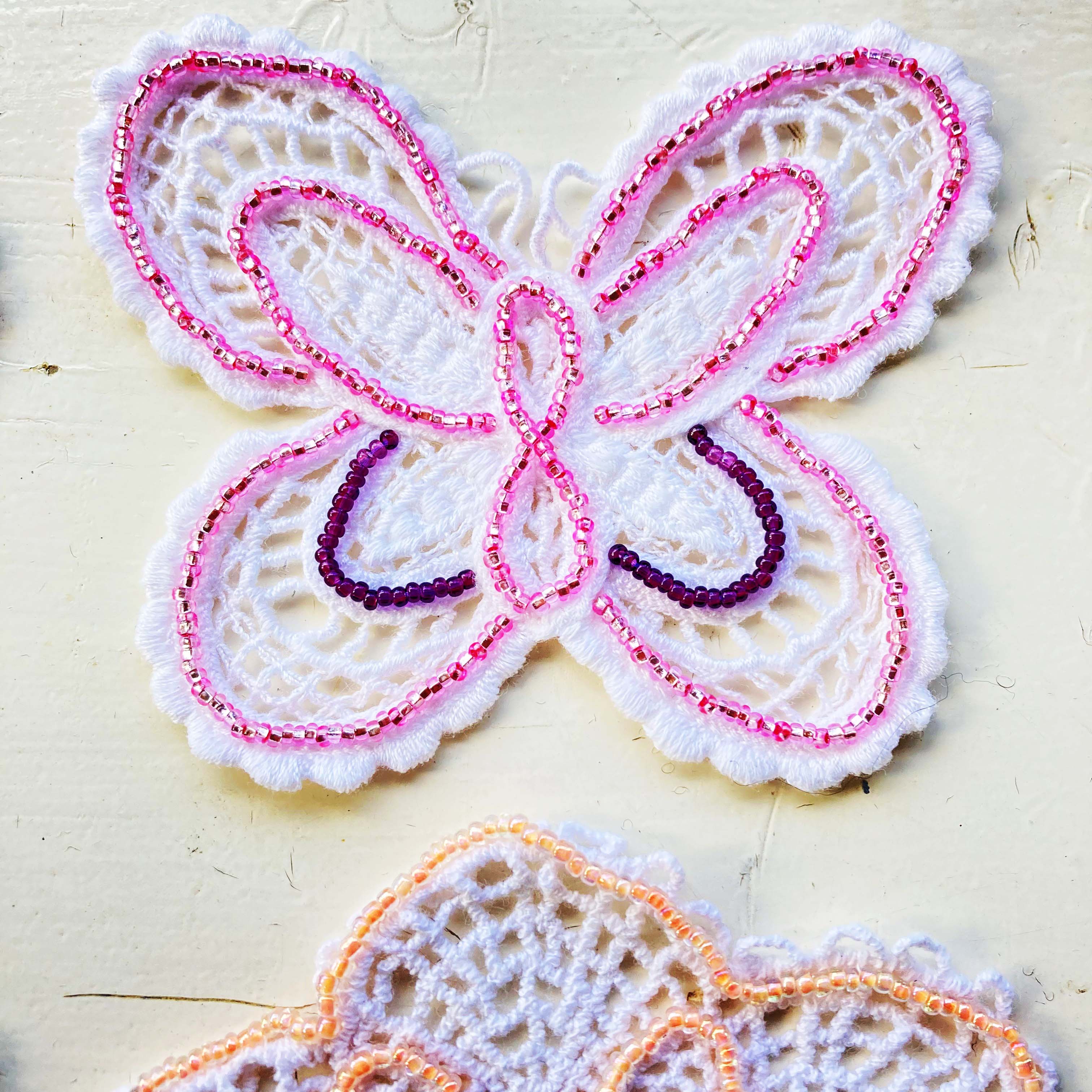 Hand Beaded White Lace Butterfly and Doily Appliques - set of 4