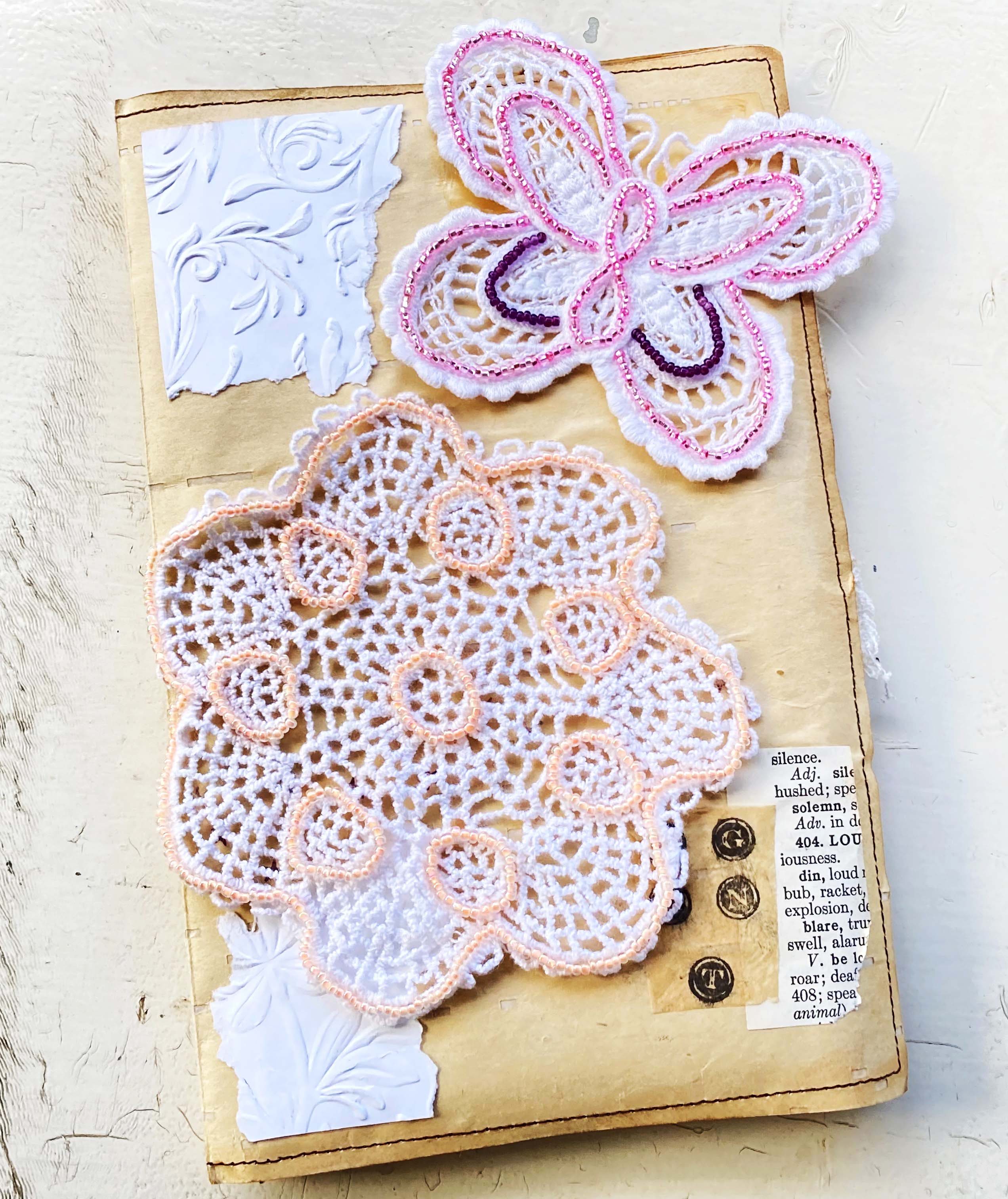 Hand Beaded White Lace Butterfly and Doily Appliques - set of 4