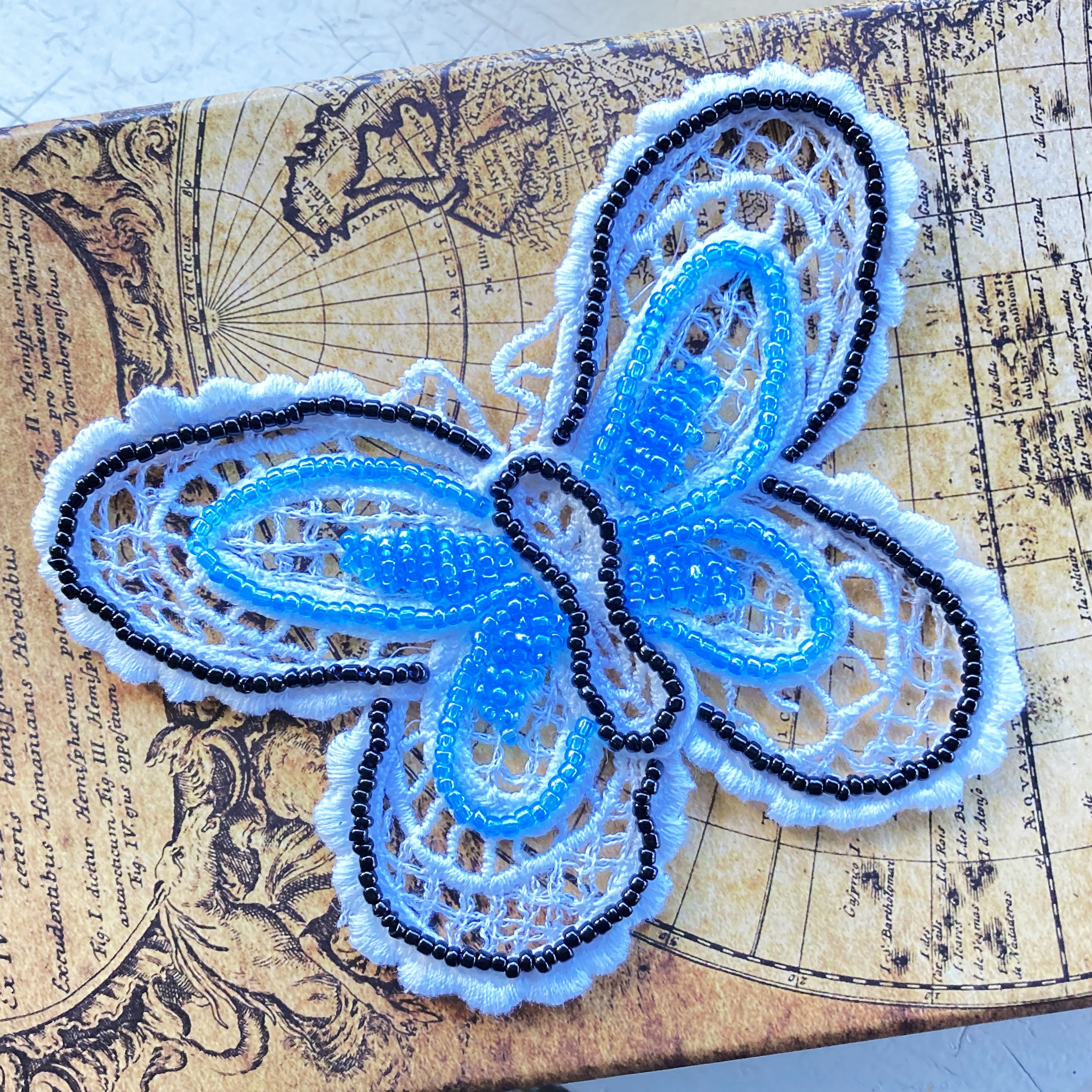 Hand Beaded White Lace Butterfly and Doily Appliques - set of 4
