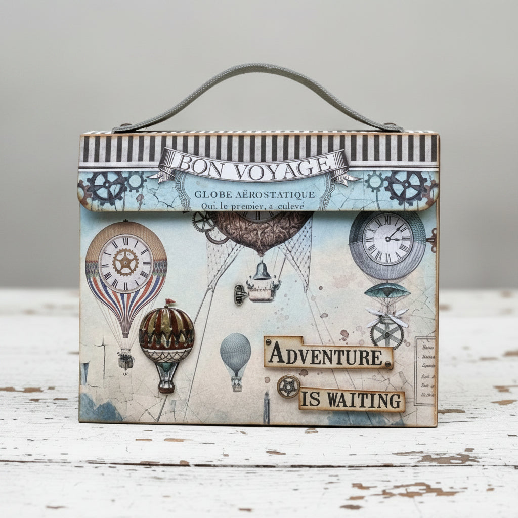 A mini album with a vintage travel theme featuring steampunk elements such as hot air balloons, clocks, and the phrases 'Adventure Is Waiting' and 'Bon Voyage'.