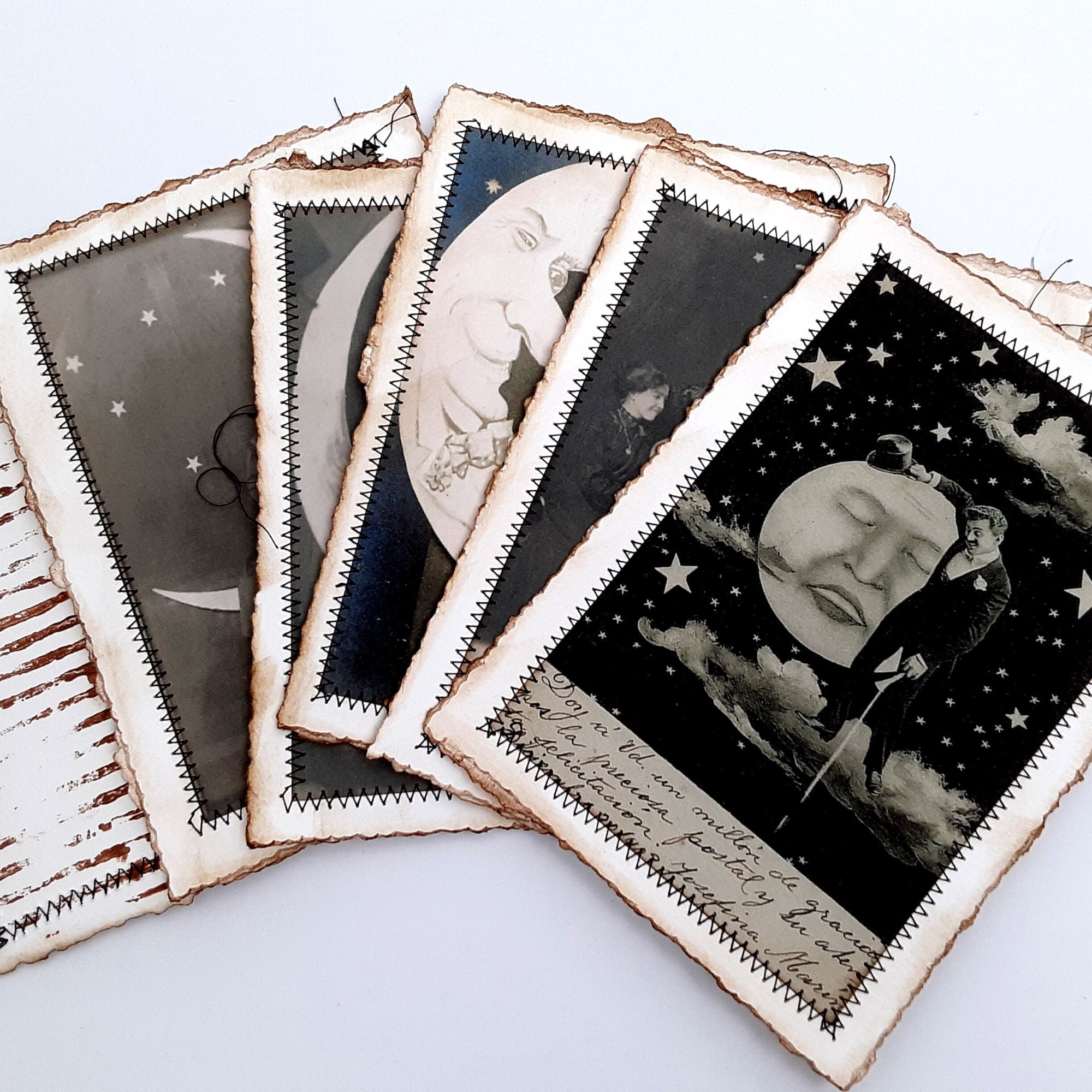 Journal Cards with Vintage Moon Photos, Junk Journal Page Inserts, Set of 5
