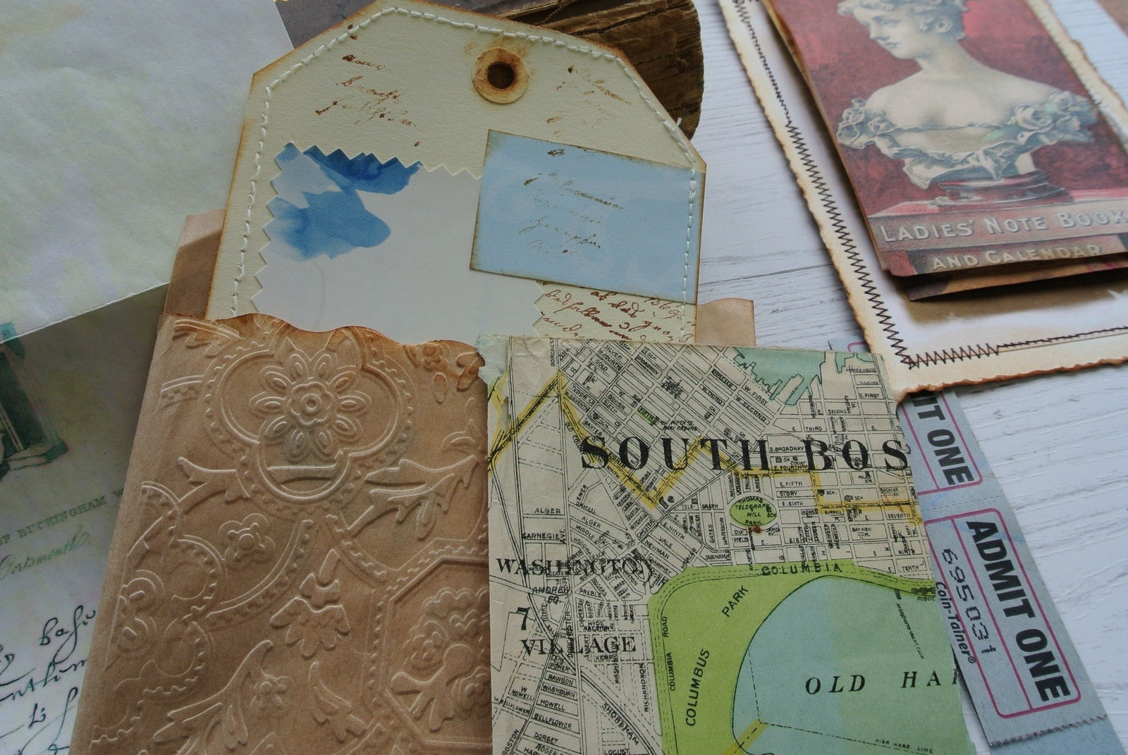 Mini Clipboard and Embossed Envelope, includes Antique Map, Handmade Junk Journal Ephemera Pack