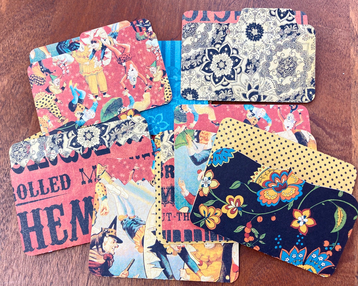 Fun Circus Themed Mini File Folders, Junk Journal Ephemera, Acrobats and Flowers, makes great Junk Journal Pockets - set of 12 Die Cuts
