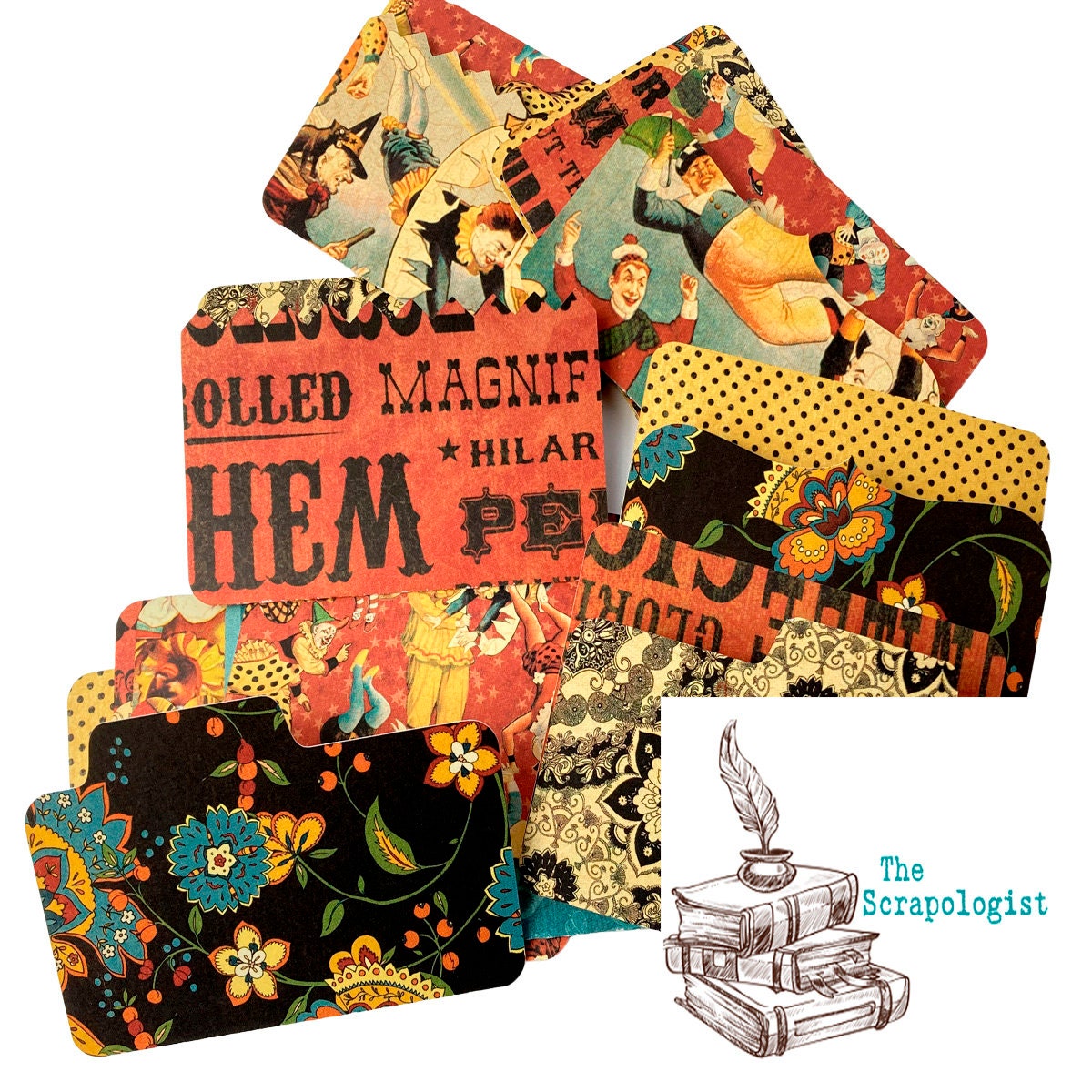 Fun Circus Themed Mini File Folders, Junk Journal Ephemera, Acrobats and Flowers, makes great Junk Journal Pockets - set of 12 Die Cuts