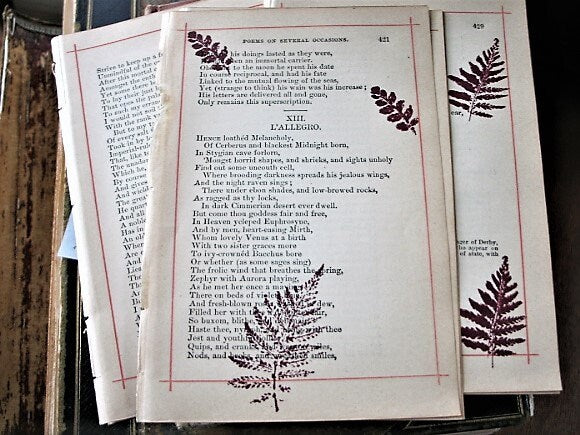 Vintage Book Pages stamped with Fall Leaves, Junk Journal Ephemera Lot, Fall Kit