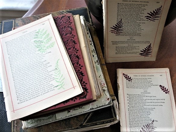 Vintage Book Pages stamped with Fall Leaves, Junk Journal Ephemera Lot, Fall Kit