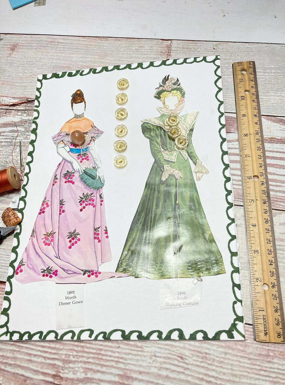 Vintage Button Collection, Mounted to Chipboard, Gold Glitter Flecks