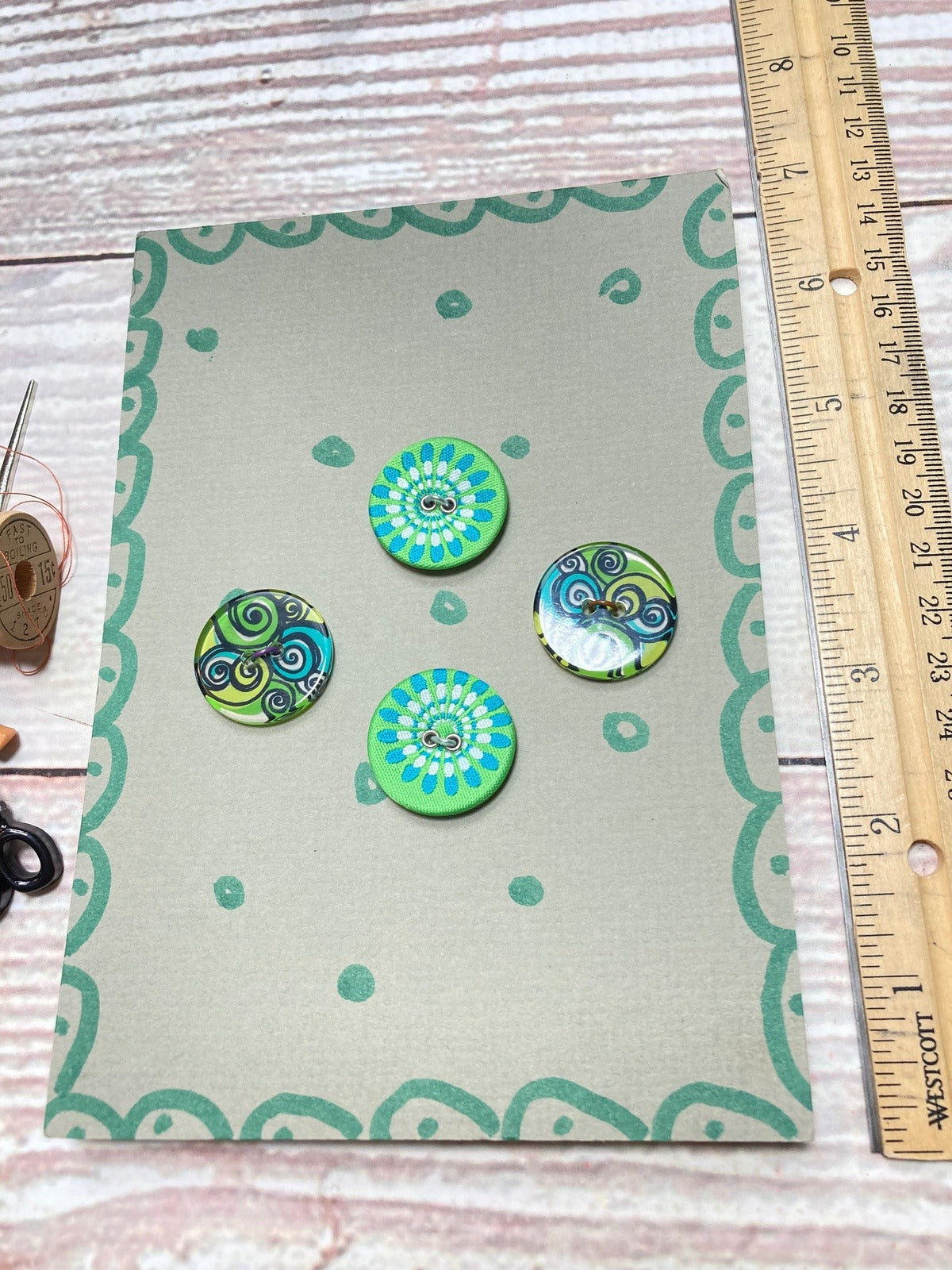 Vintage Button Collection, Mounted to Chipboard, Retro Green Color
