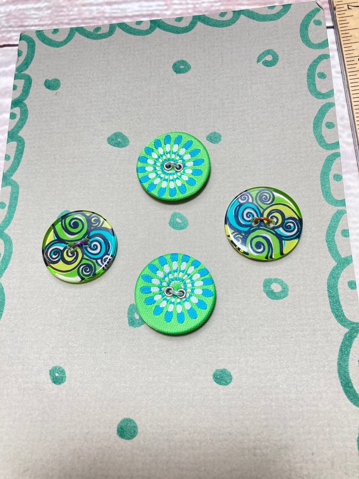 Vintage Button Collection, Mounted to Chipboard, Retro Green Color