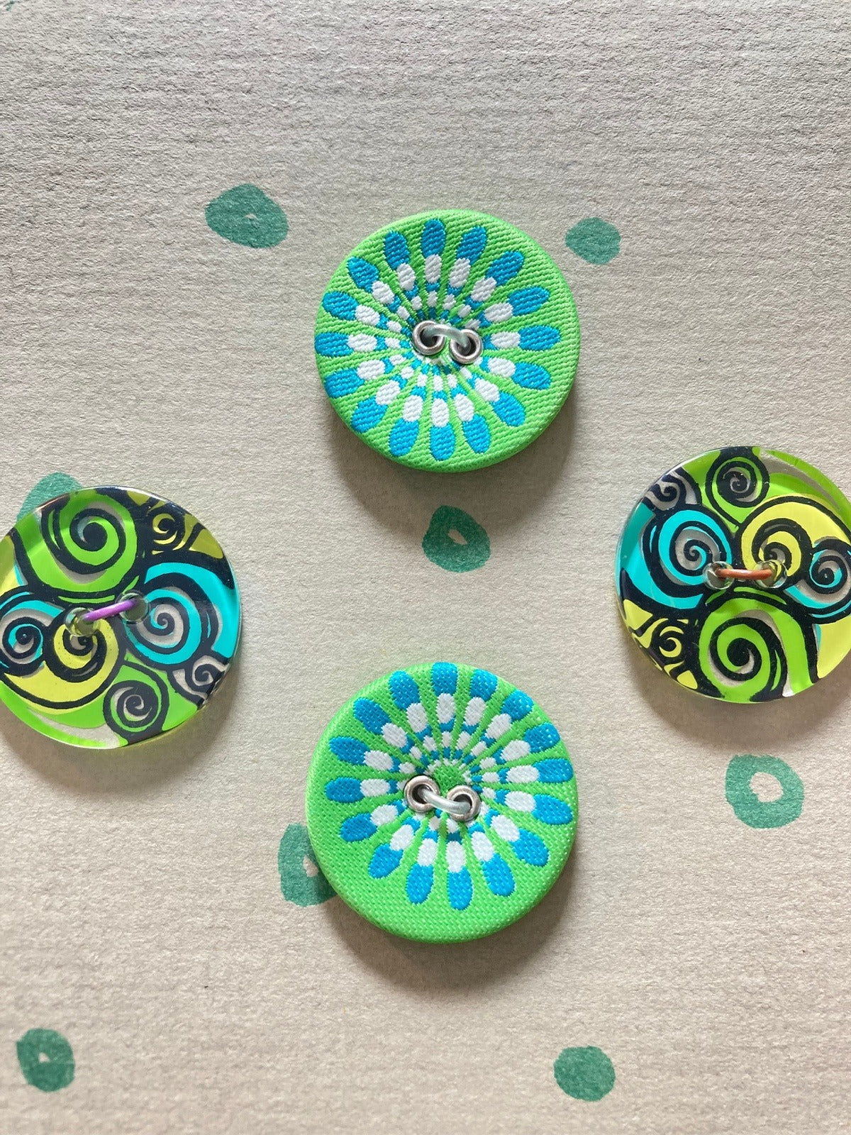 Vintage Button Collection, Mounted to Chipboard, Retro Green Color