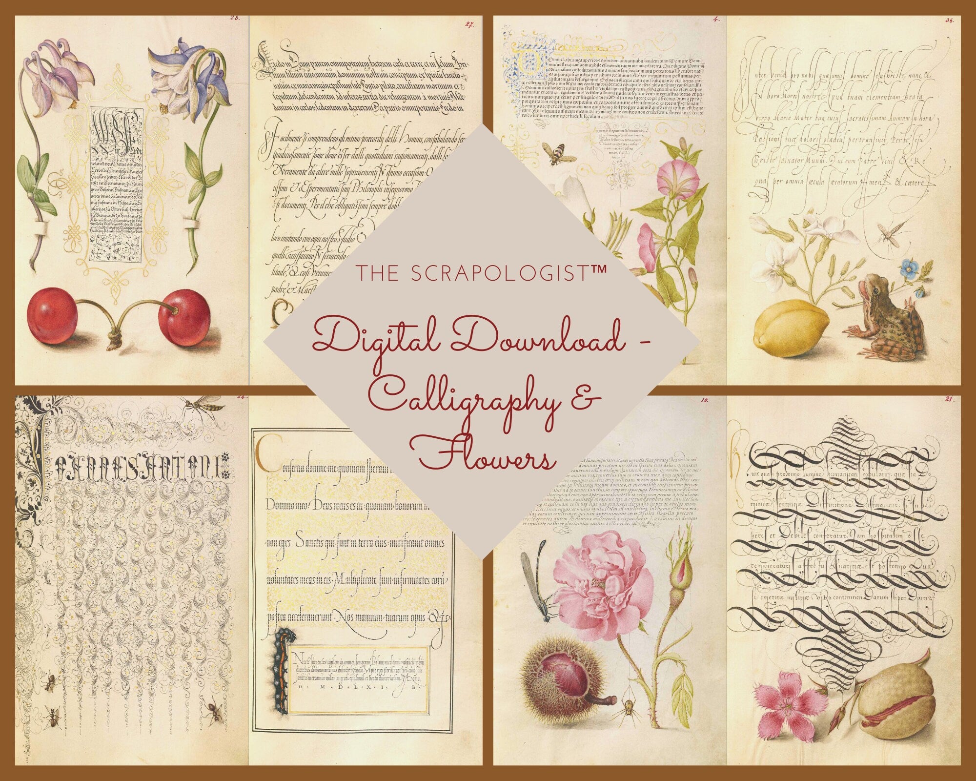 Calligraphy & Flowers, Junk Journal Ephemera, Printable Journal Kit, Collage papers | Digital Download