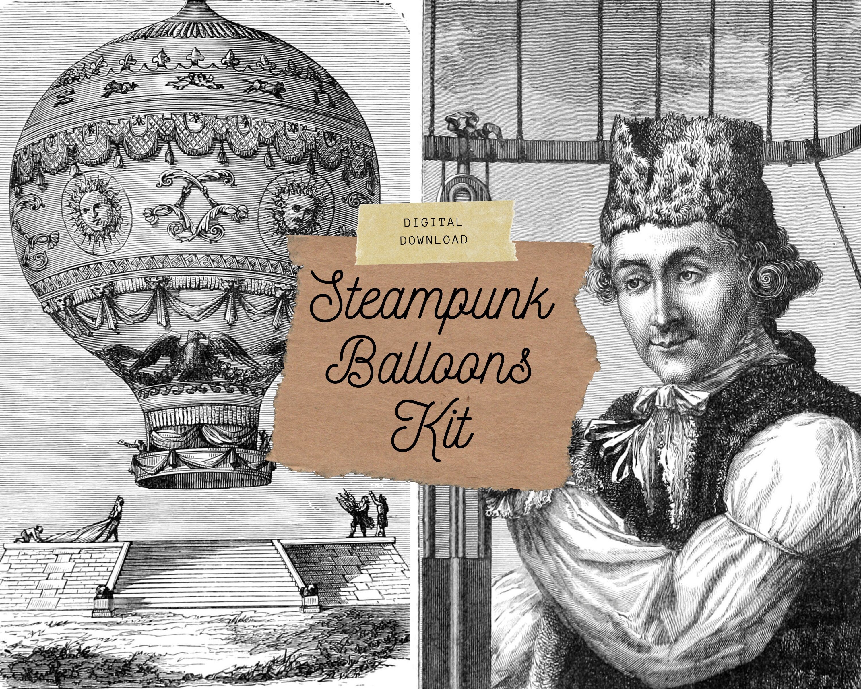 Steampunk Hot Air Balloons, Printable Junk Journal Kit, Collage Papers, Vintage Ephemera | Digital Download