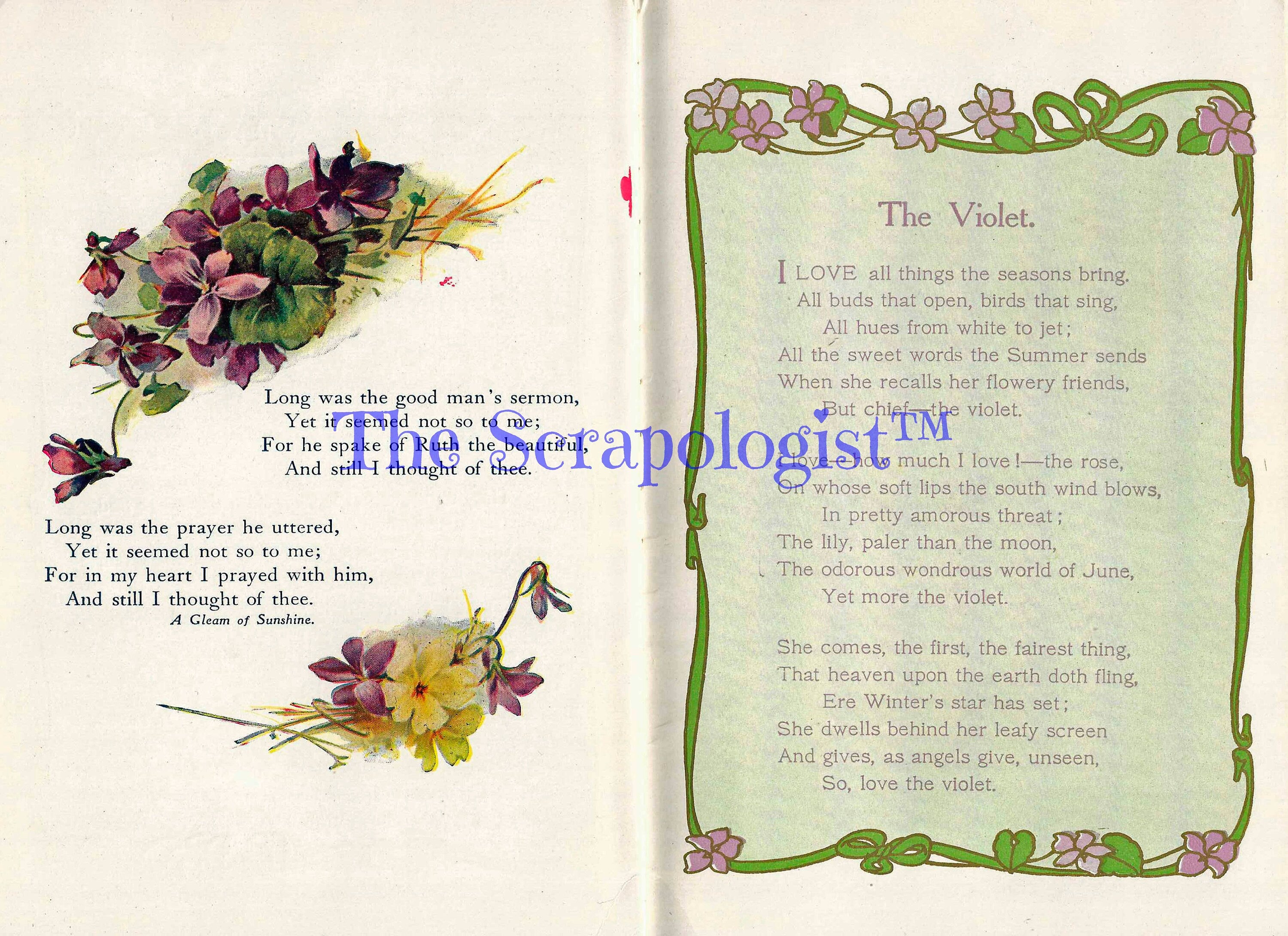 Book of Violets, Victorian Poetry illustrated with color paintings, DIY Junk Journal or Mini Album Kit, Collage Papers | Digital Download