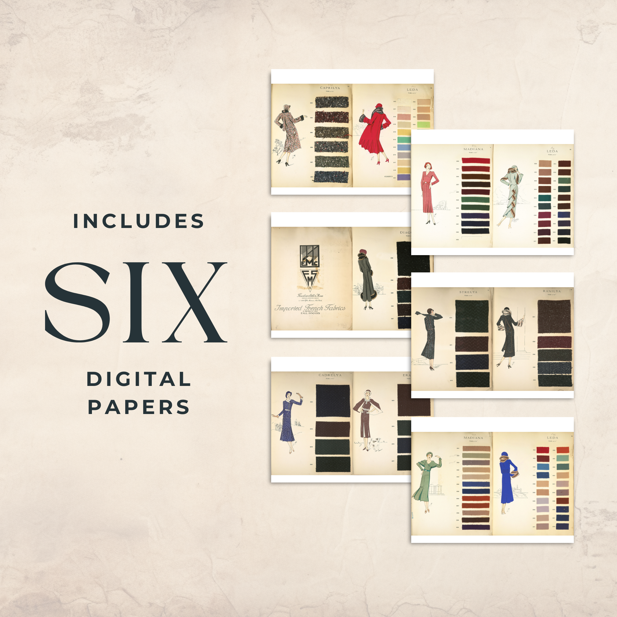 Vintage French Fashions, Textile Fabric Swatches, Printable Junk Journal Ephemera Kit | Digital Download