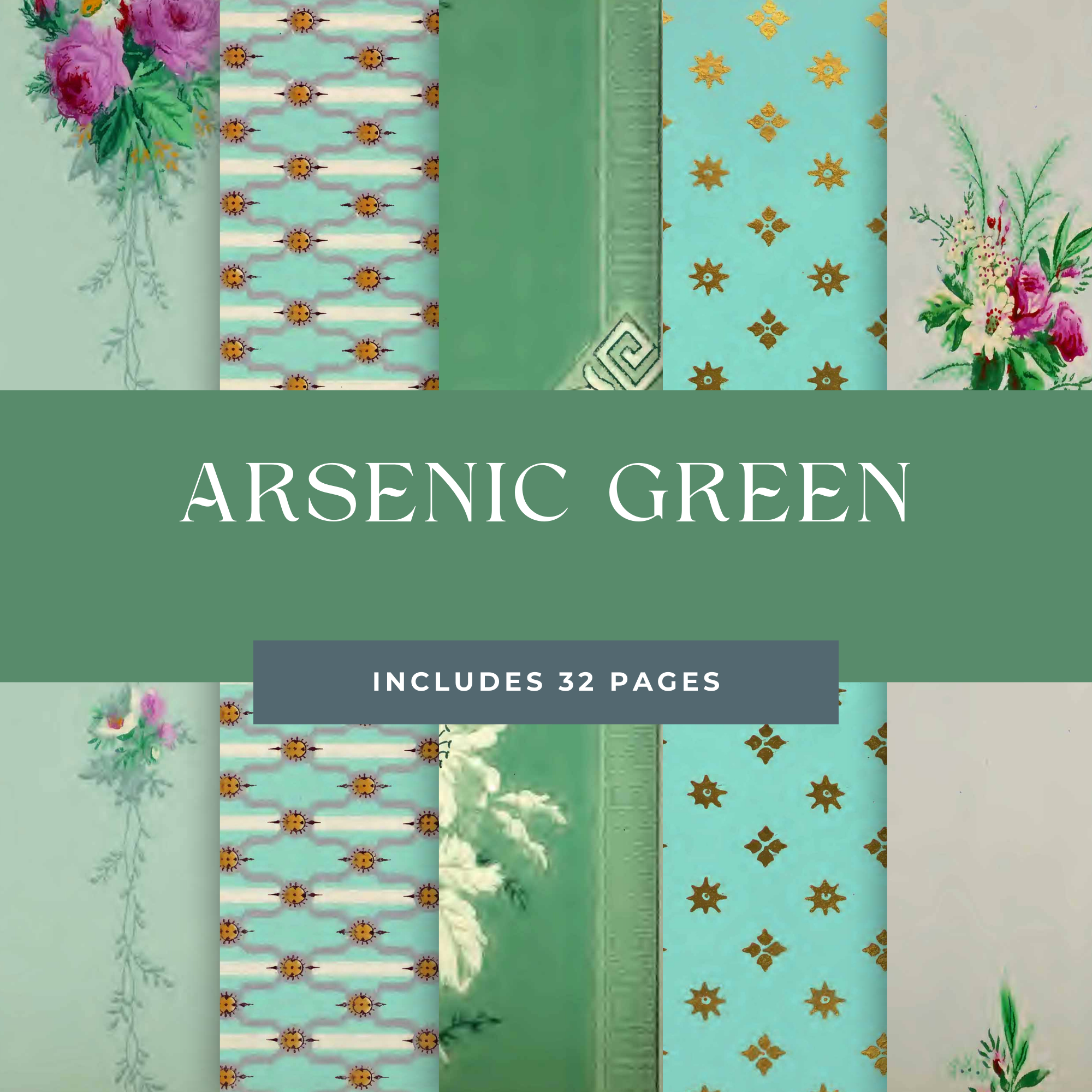 Victorian Floral Wallpaper - Arsenic Green, Scheele's Green, Junk Journal Background Pages, Scrapbooks, Mixed Media and Collage | Digital Download