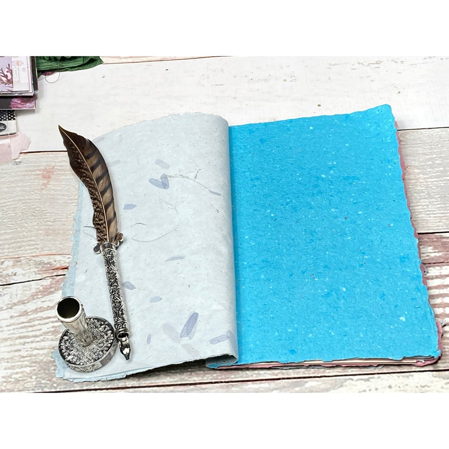Art Journal with Handmade Paper Cover, Variety of Mixed Media Pages, Hand Sewn Binding with Stick Inserted
