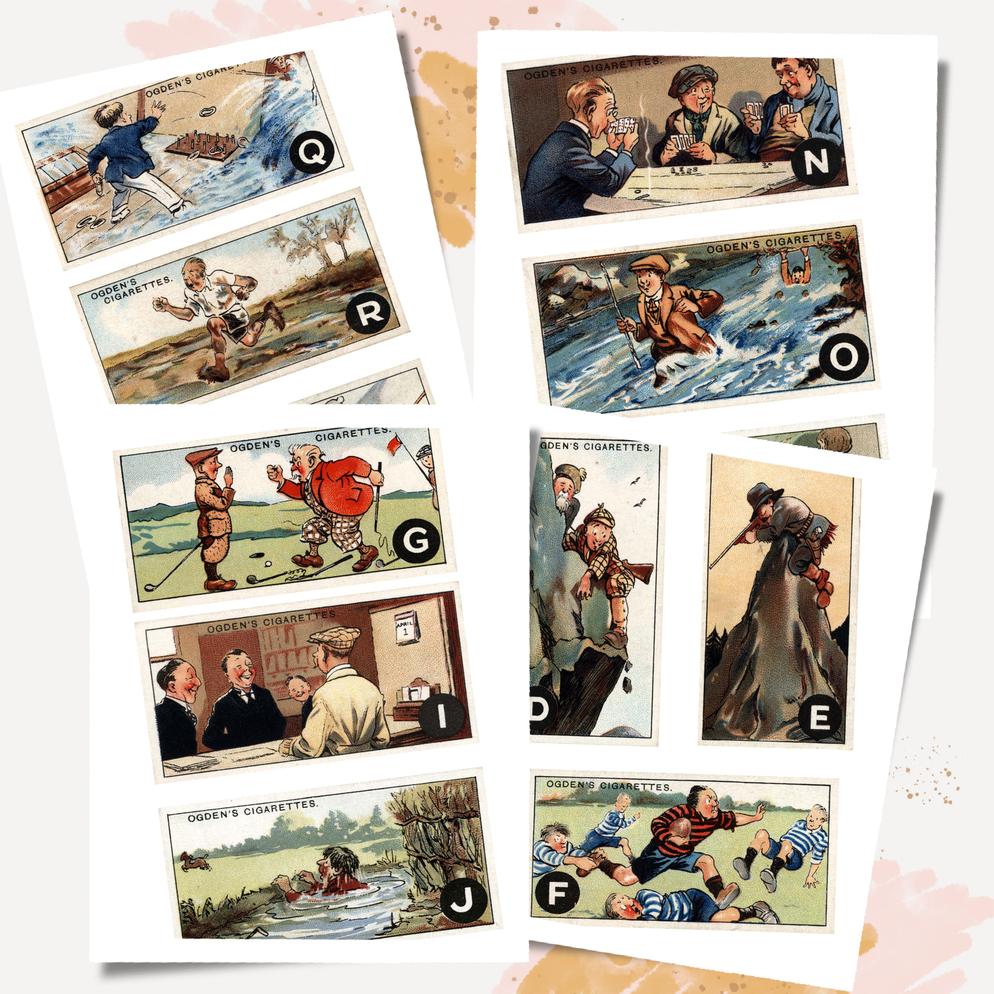 Funny Antique Cigarette Cards, Sports Theme, Alphabet, for Junk Journals and Collage