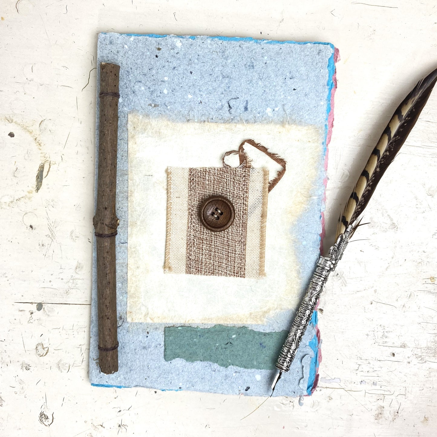 Art Journal with Handmade Paper Cover, Featuring Vintage-Style Button on Cover, Variety of Mixed Media Pages, Hand Sewn Binding with Stick