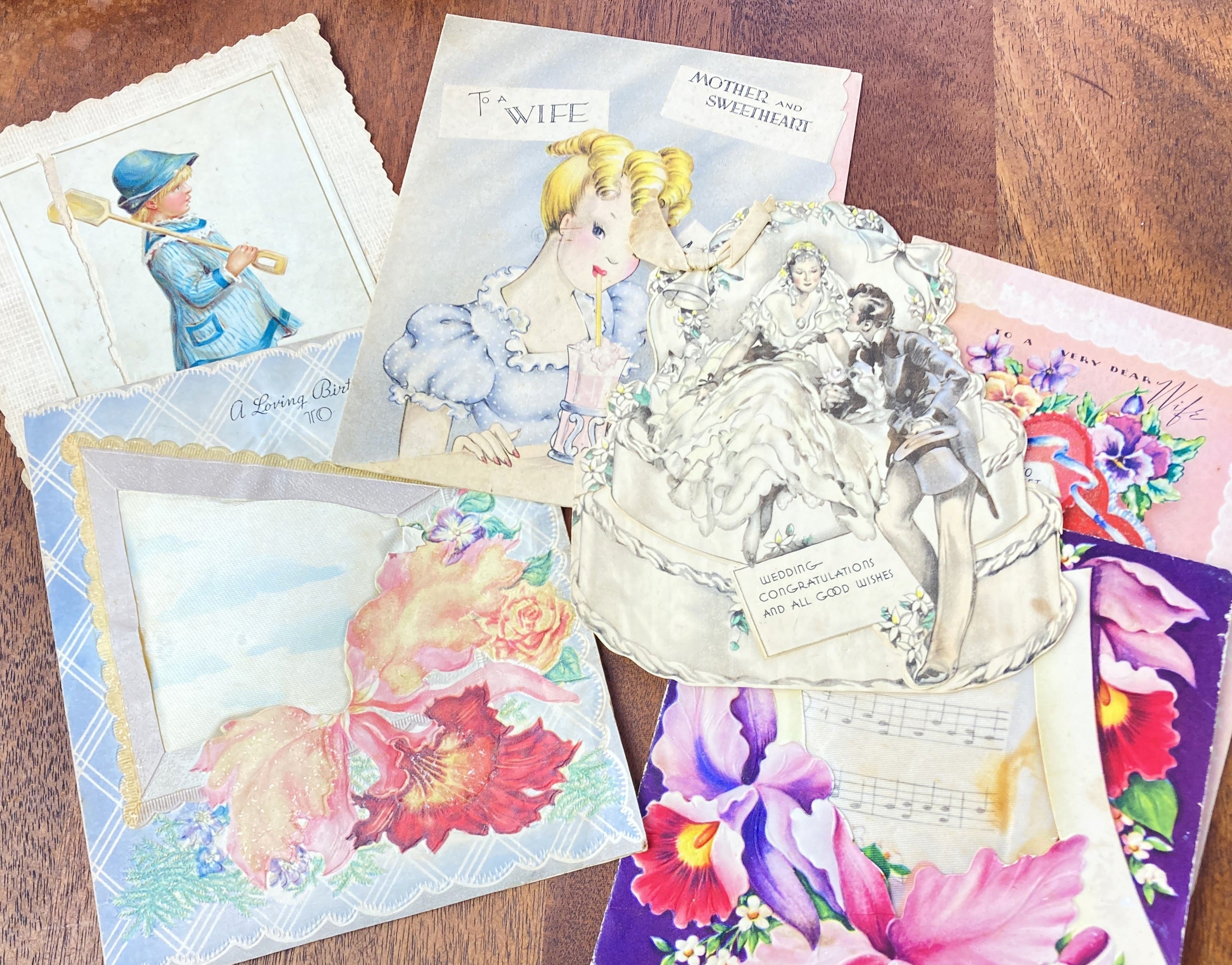 Antique Greeting Cards, Mother's Day, Anniversary, Ephemera Lot, Junk Journal Supplies - set of 6