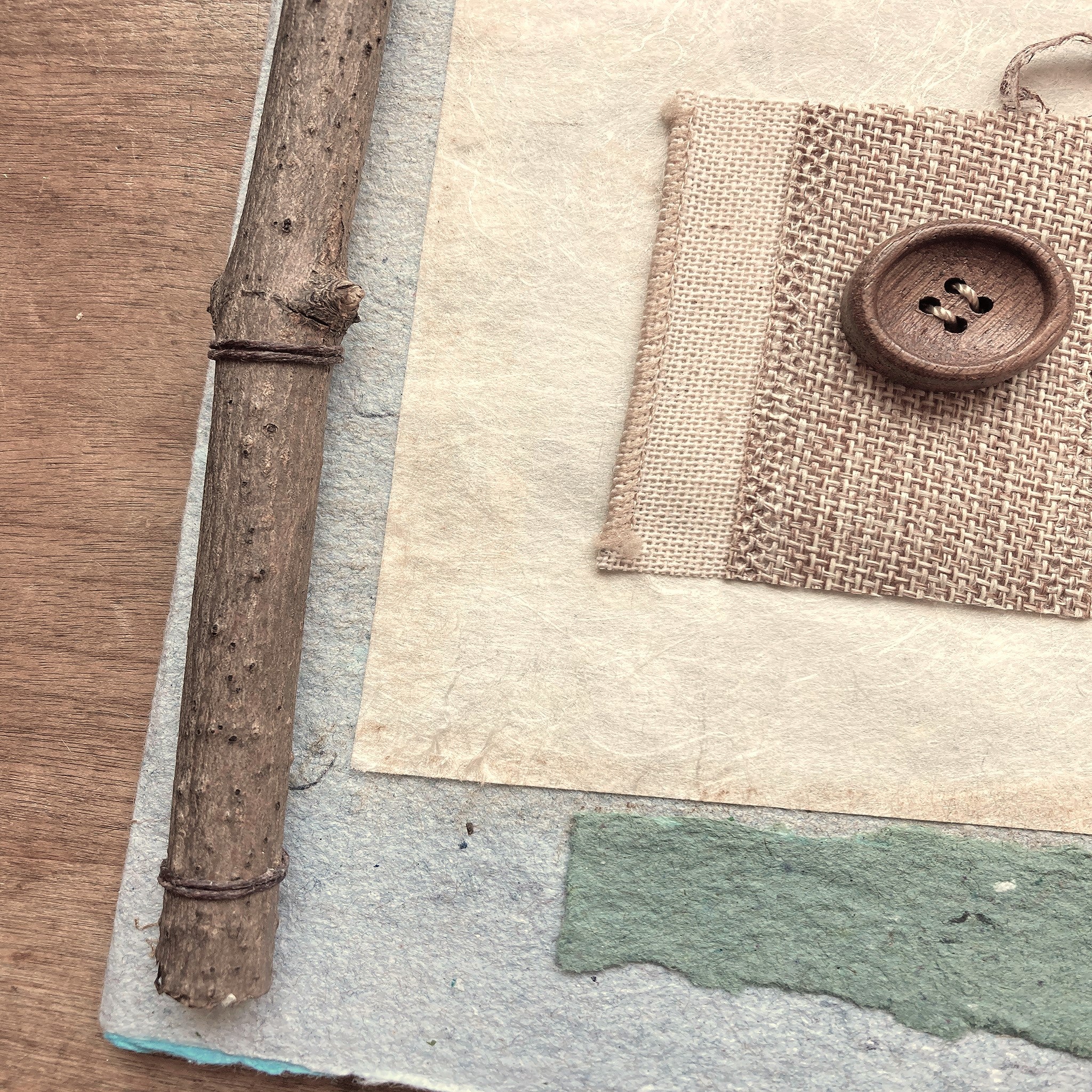 Art Journal with Handmade Paper Cover, Featuring Vintage-Style Button on Cover, Variety of Mixed Media Pages, Hand Sewn Binding with Stick
