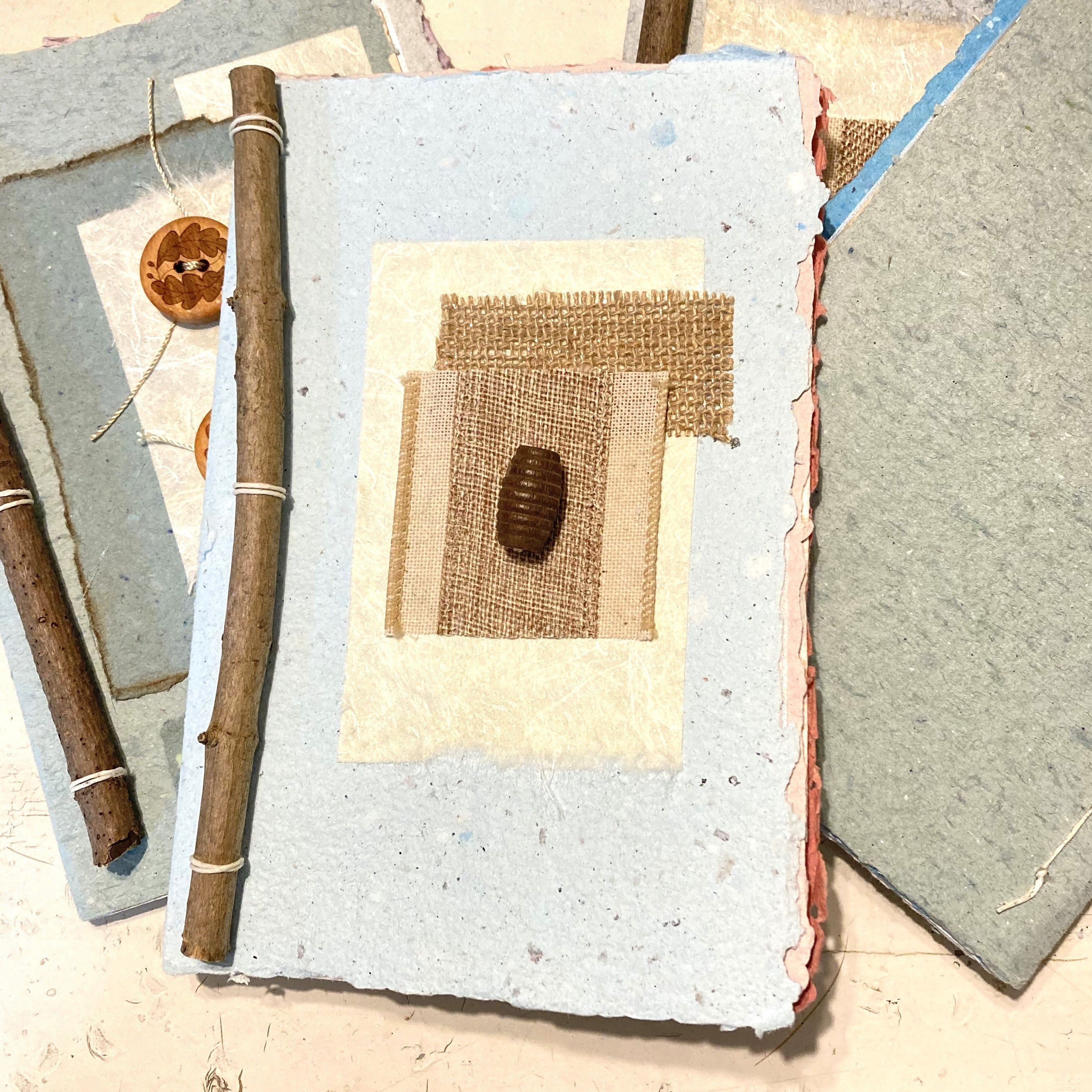 Art Journal with Handmade Paper Cover, Featuring Vintage-Style Button on Cover, Variety of Mixed Media Pages, Hand Sewn Binding with Stick