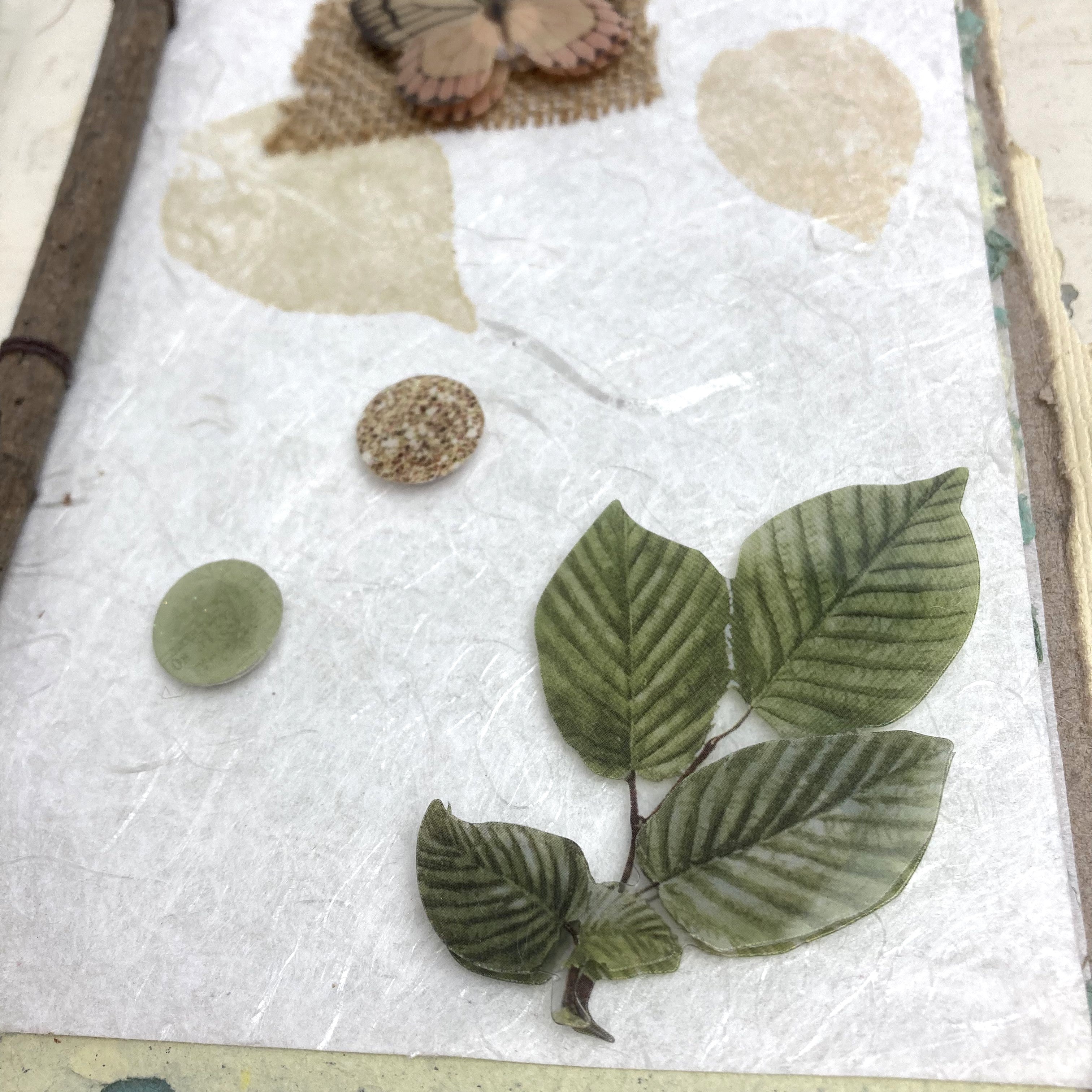 Botanical Art Journal with Handmade Paper Cover, Variety of Mixed Media Pages, Hand Sewn Binding with Stick Inserted