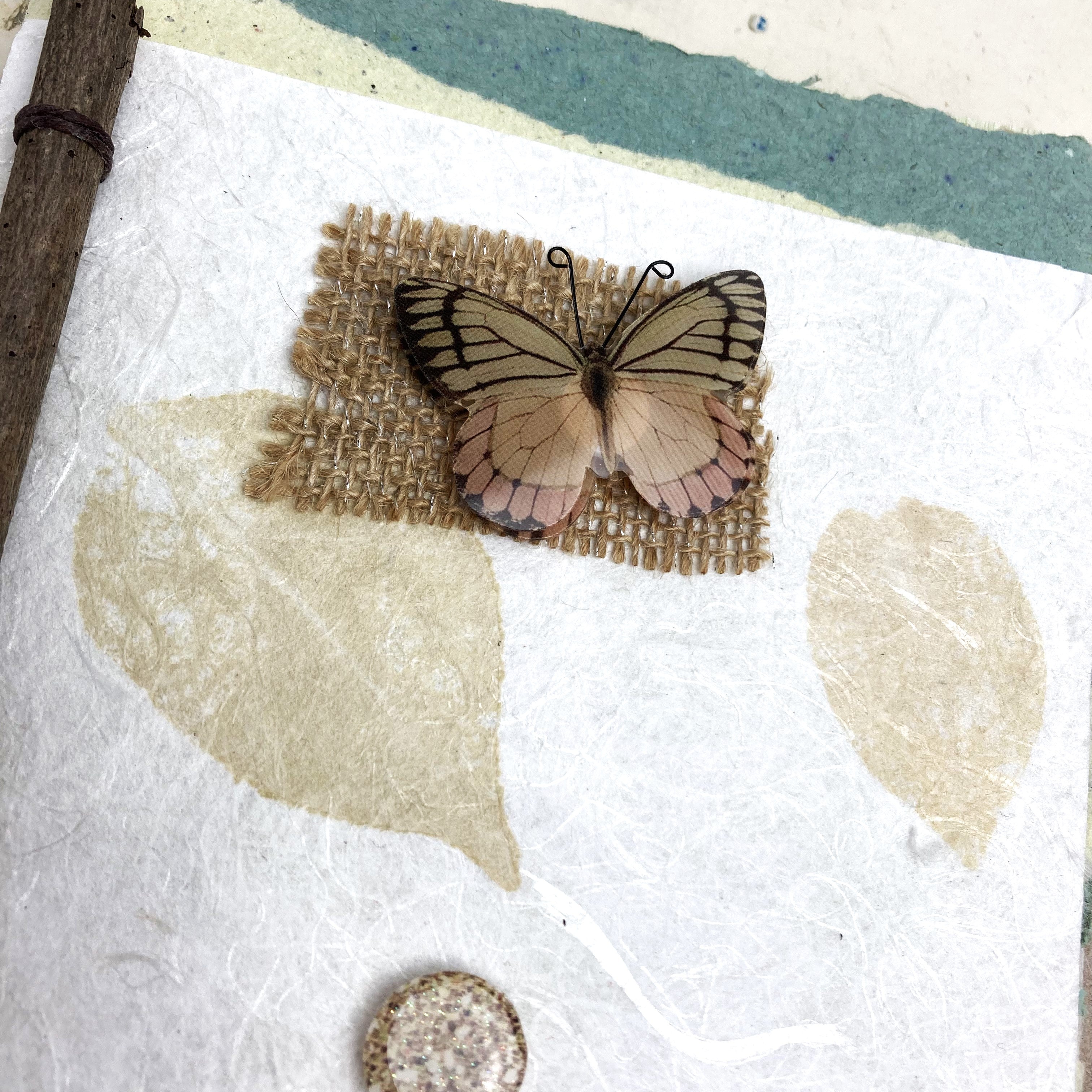 Botanical Art Journal with Handmade Paper Cover, Variety of Mixed Media Pages, Hand Sewn Binding with Stick Inserted