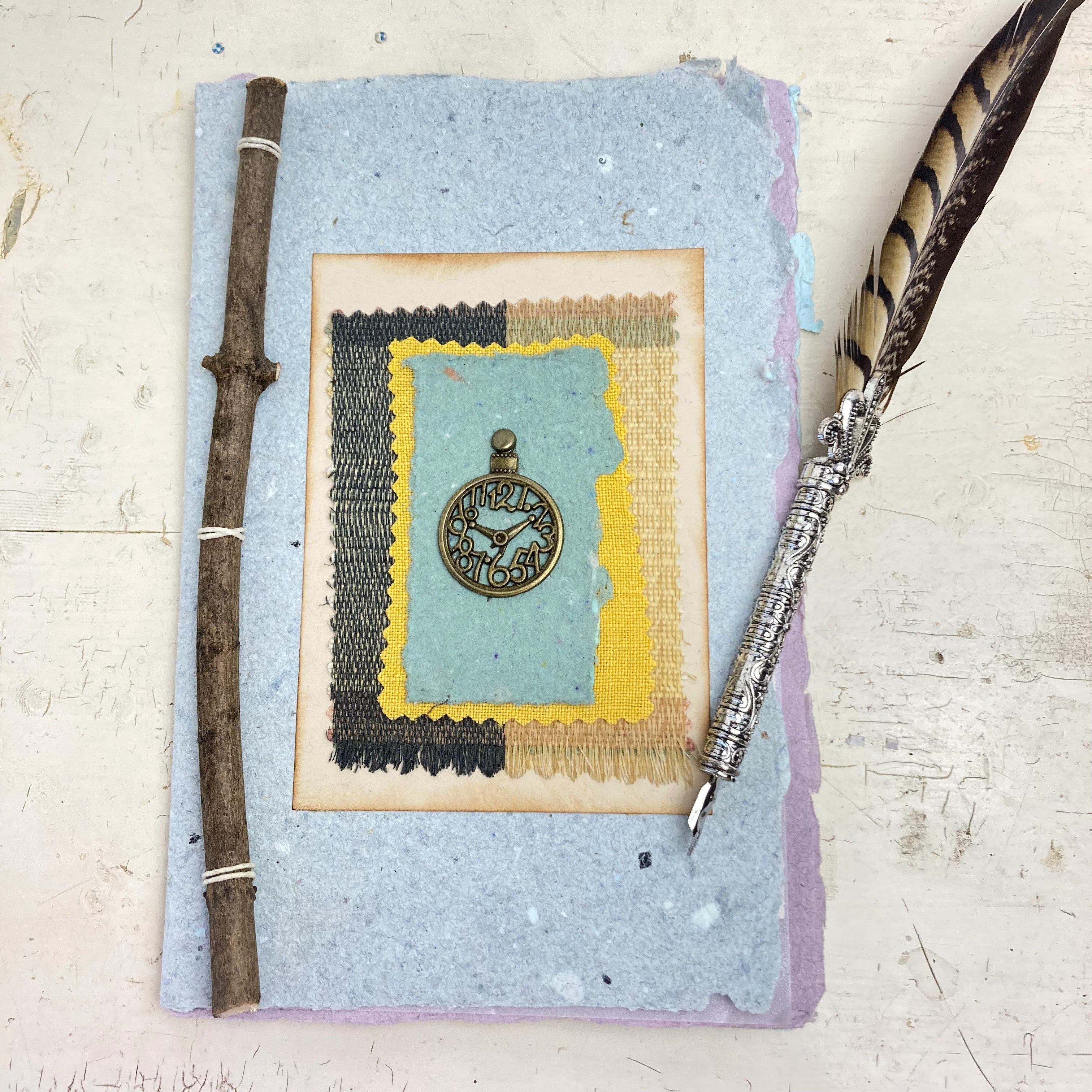 Art Journal with Handmade Paper Cover, Vintage-Style Brass Colored Clock on Cover, Mixed Media Pages, Hand Sewn Binding with Stick Inserted