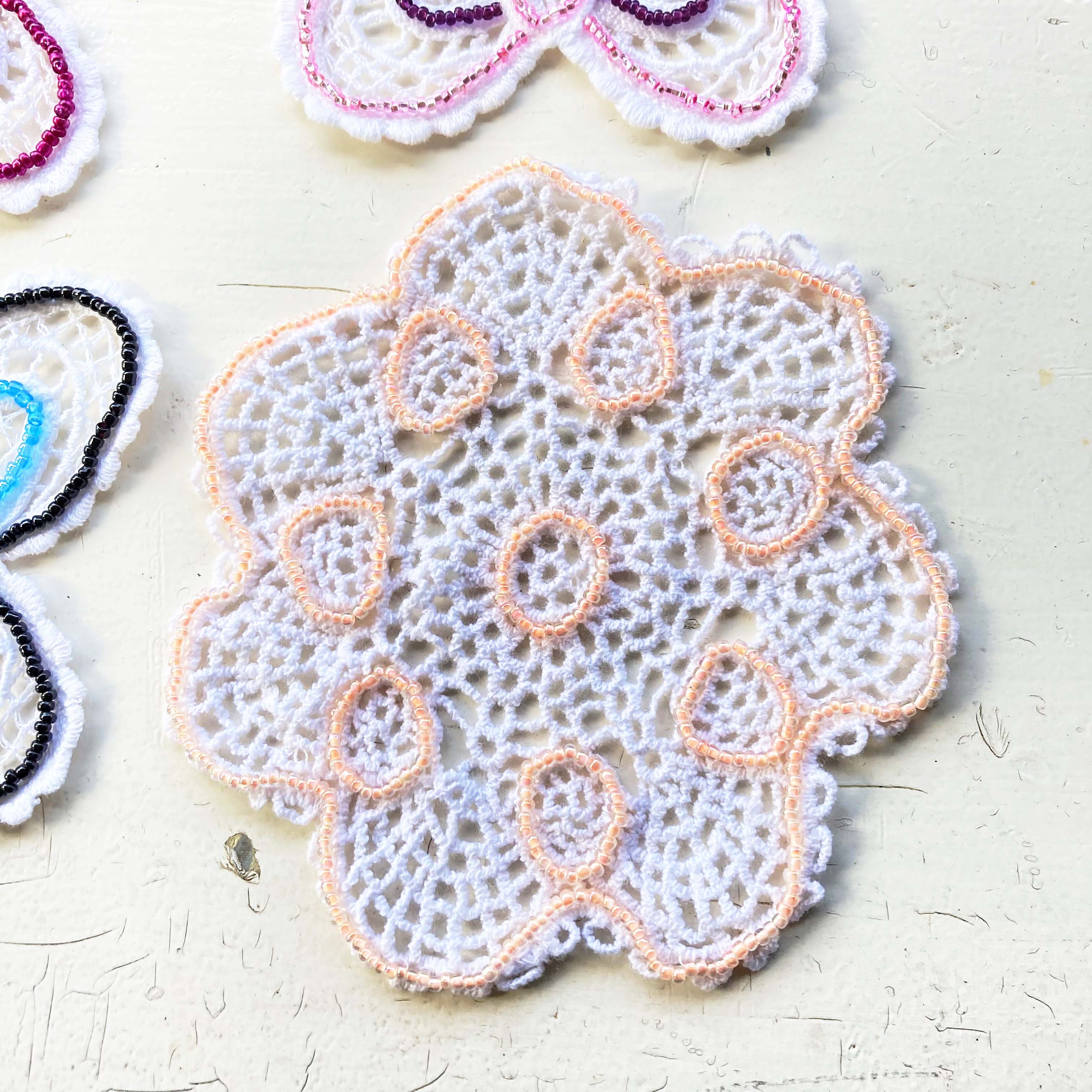 Hand Beaded White Lace Butterfly and Doily Appliques - set of 4
