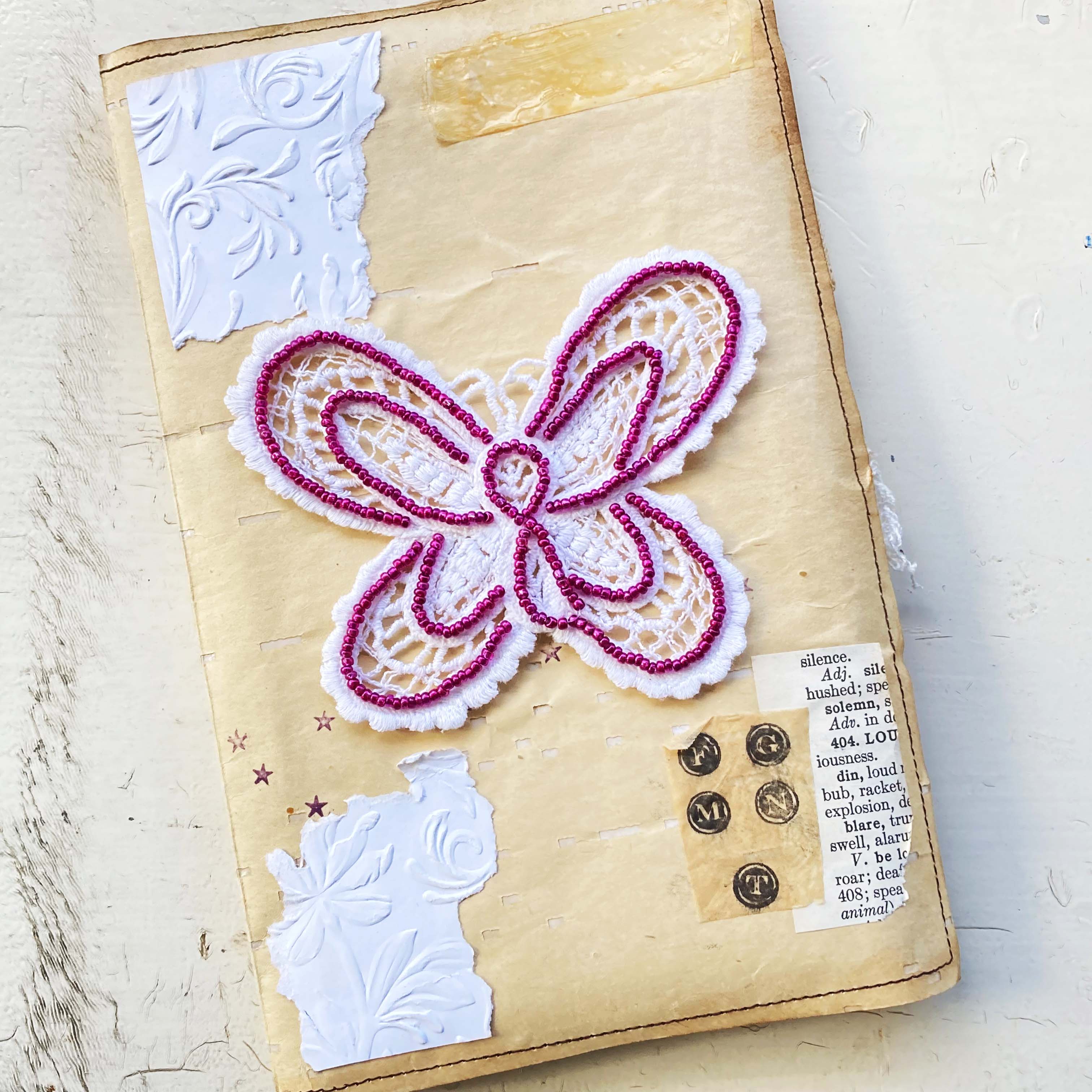 Hand Beaded White Lace Butterfly and Doily Appliques - set of 4