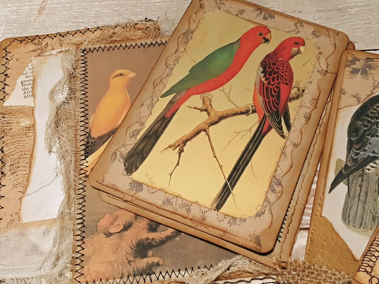 Journal Cards, Vintage Birds, Handmade Junk Journal Supplies, Ephemera - set of 6