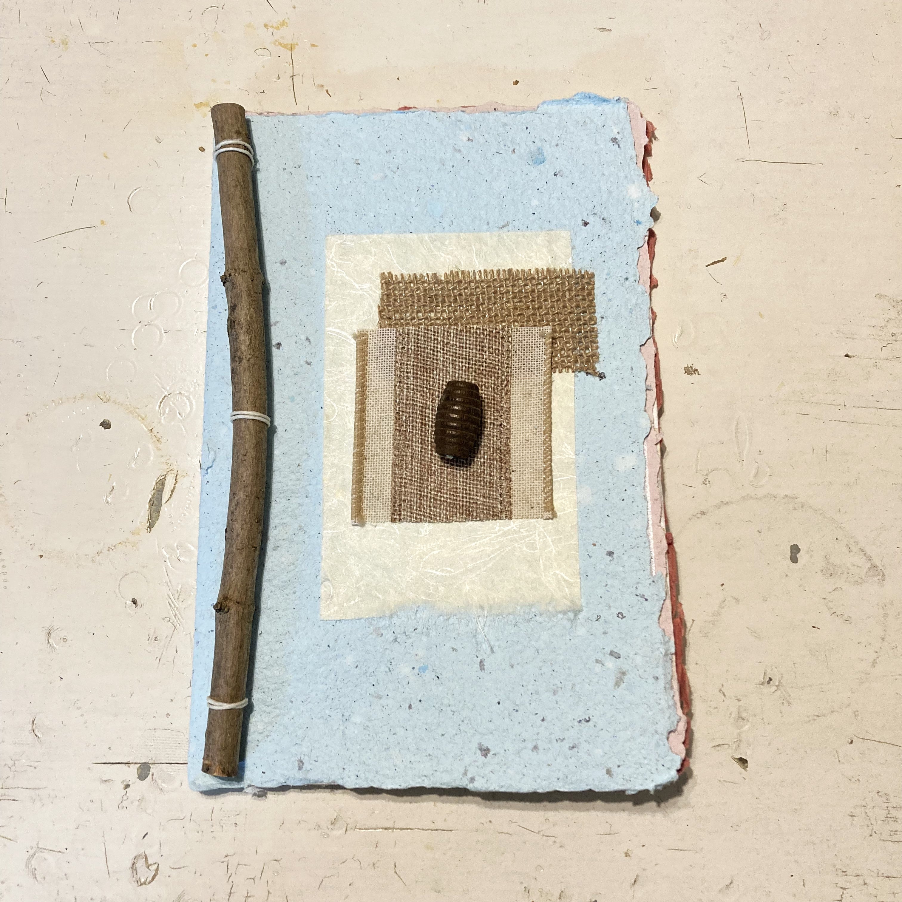 Art Journal with Handmade Paper Cover, Featuring Vintage-Style Button on Cover, Variety of Mixed Media Pages, Hand Sewn Binding with Stick