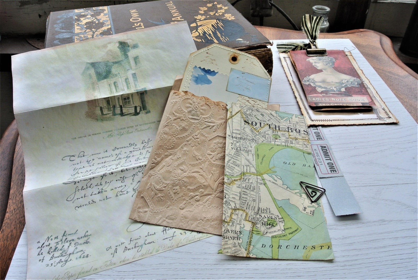 Mini Clipboard and Embossed Envelope, includes Antique Map, Handmade Junk Journal Ephemera Pack