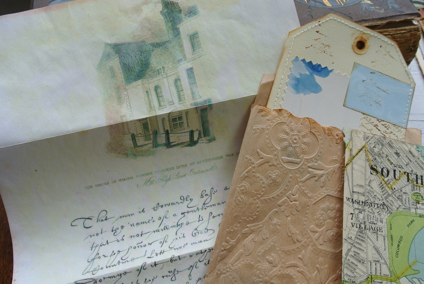 Mini Clipboard and Embossed Envelope, includes Antique Map, Handmade Junk Journal Ephemera Pack