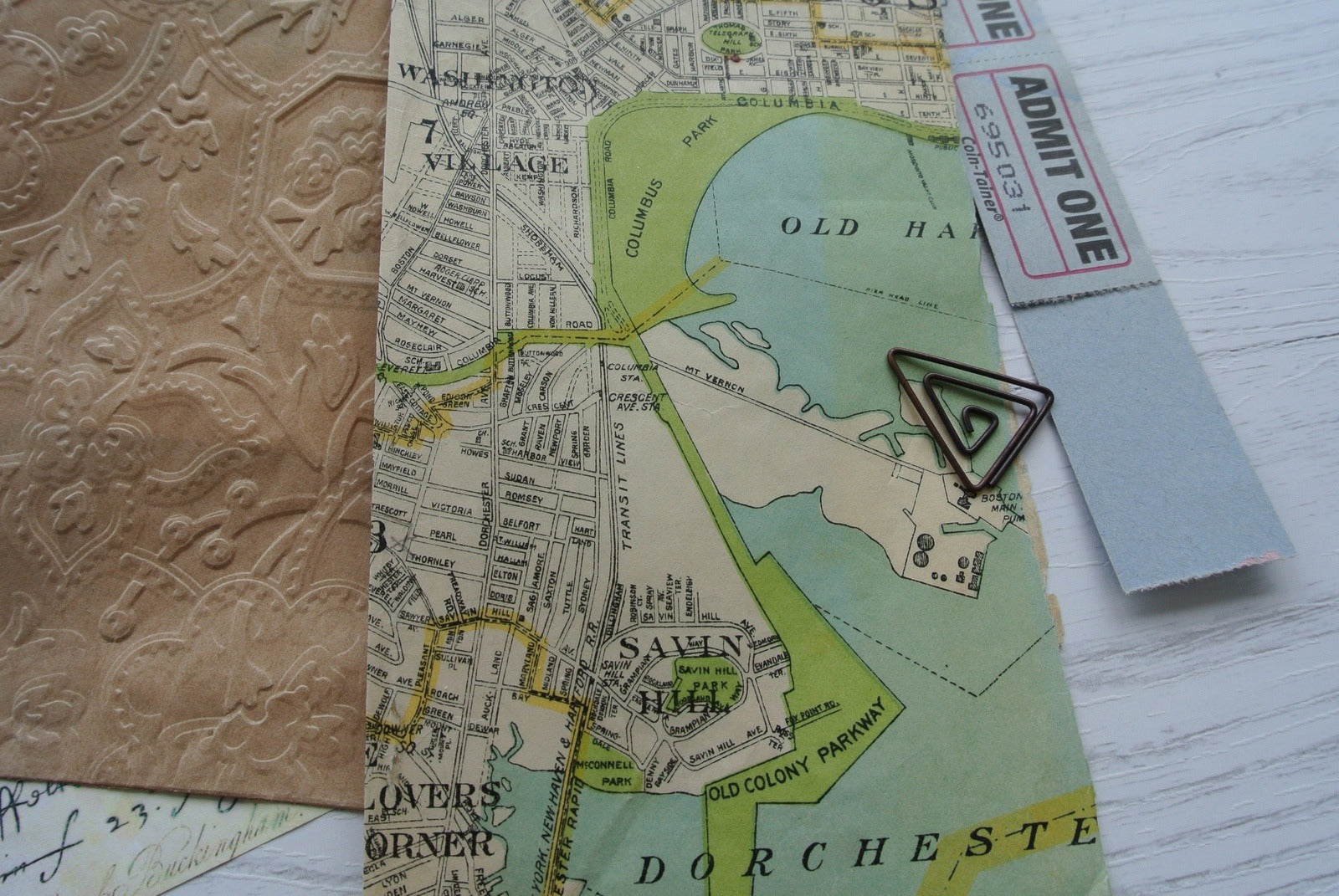 Mini Clipboard and Embossed Envelope, includes Antique Map, Handmade Junk Journal Ephemera Pack