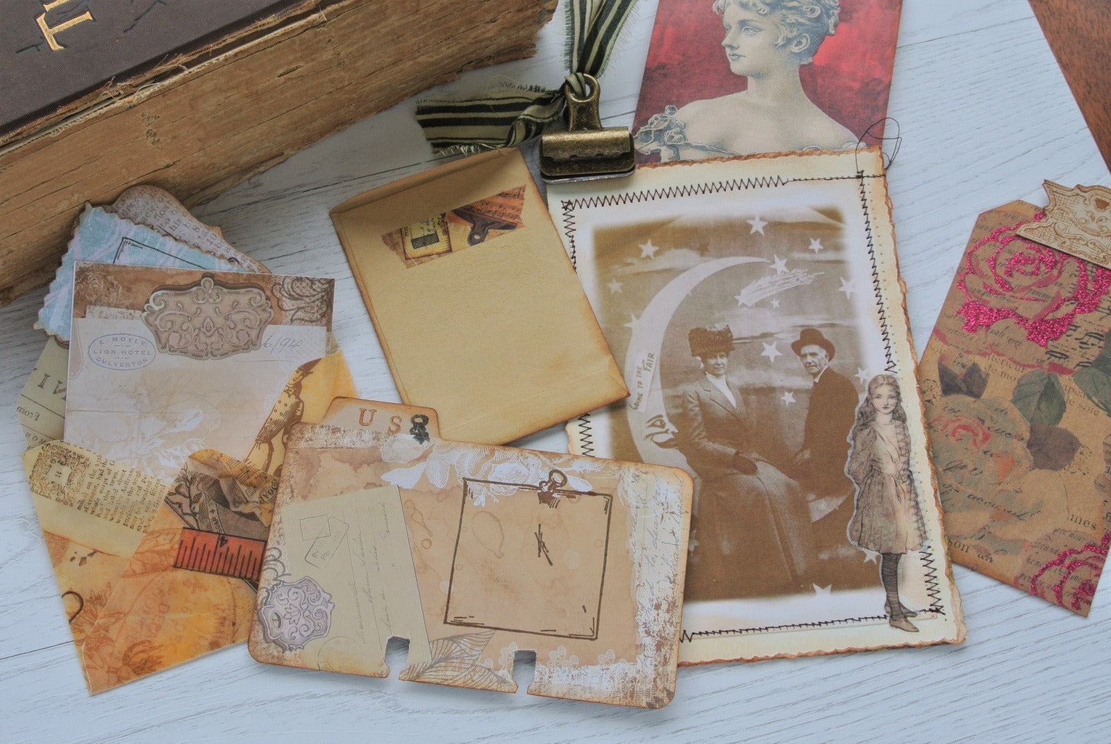 Mini Clipboard and Embossed Envelope, includes Antique Map, Handmade Junk Journal Ephemera Pack