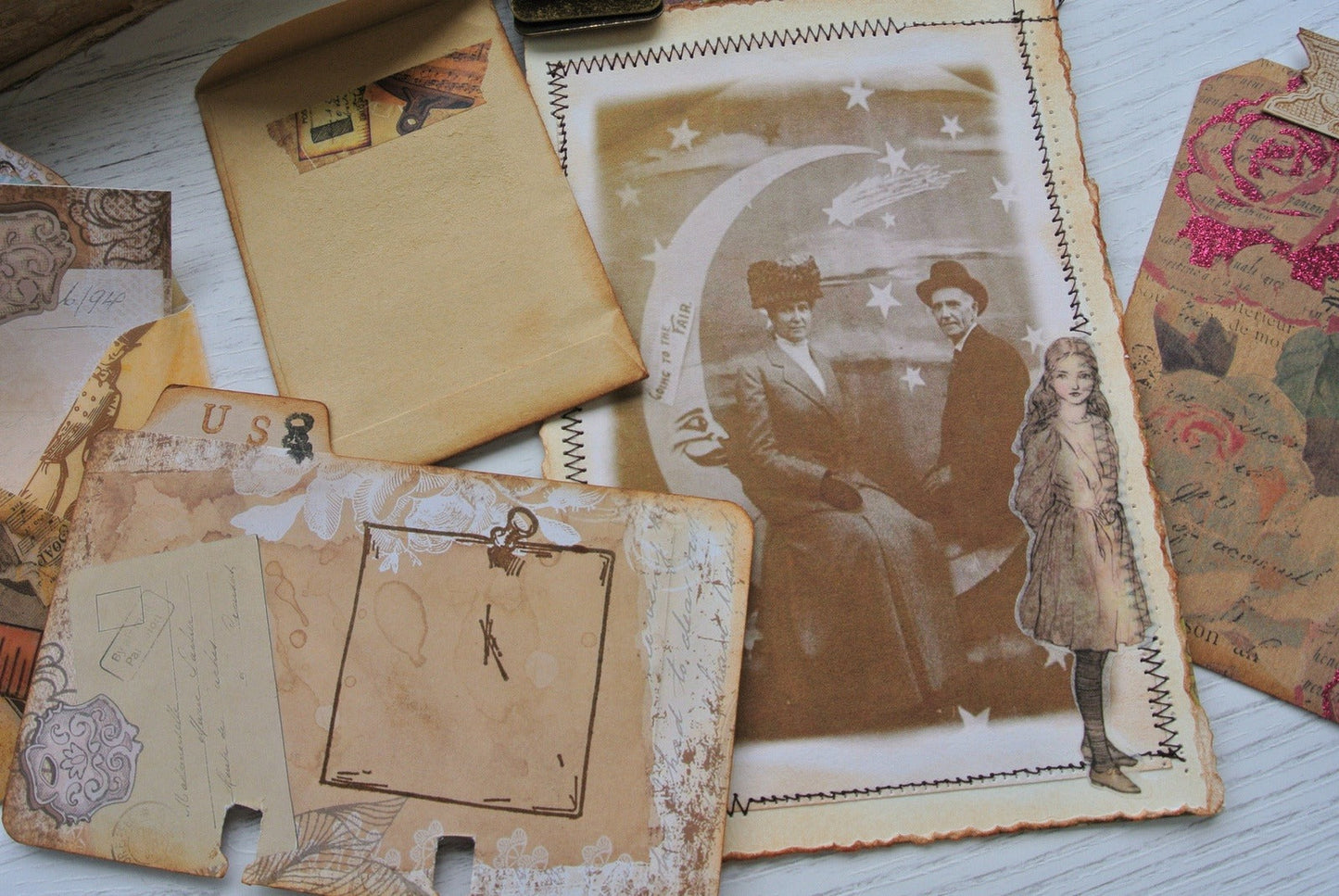 Mini Clipboard and Embossed Envelope, includes Antique Map, Handmade Junk Journal Ephemera Pack