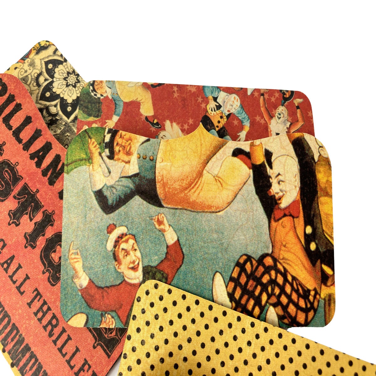 Fun Circus Themed Mini File Folders, Junk Journal Ephemera, Acrobats and Flowers, makes great Junk Journal Pockets - set of 12 Die Cuts