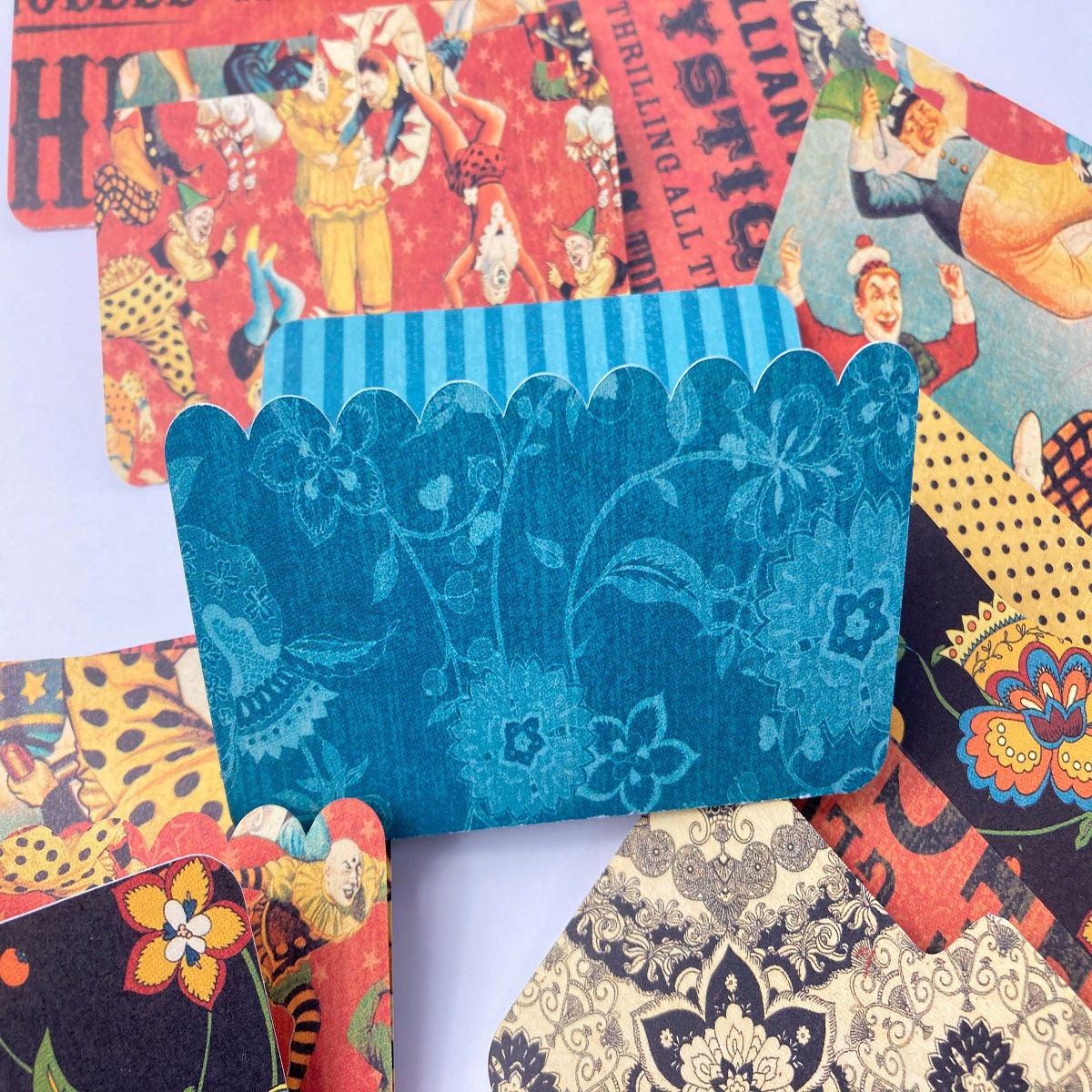 Fun Circus Themed Mini File Folders, Junk Journal Ephemera, Acrobats and Flowers, makes great Junk Journal Pockets - set of 12 Die Cuts