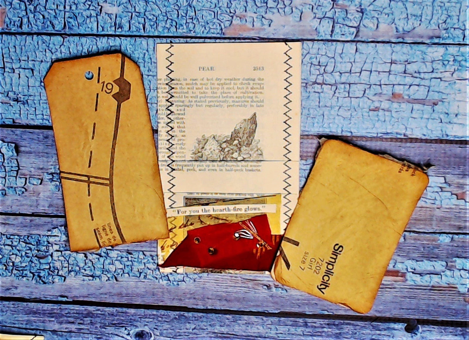Pockets from Vintage Book Pages, Handmade, includes tags with sewing patterns, Junk Journal Supplies, Ephemera Pack - set of 10