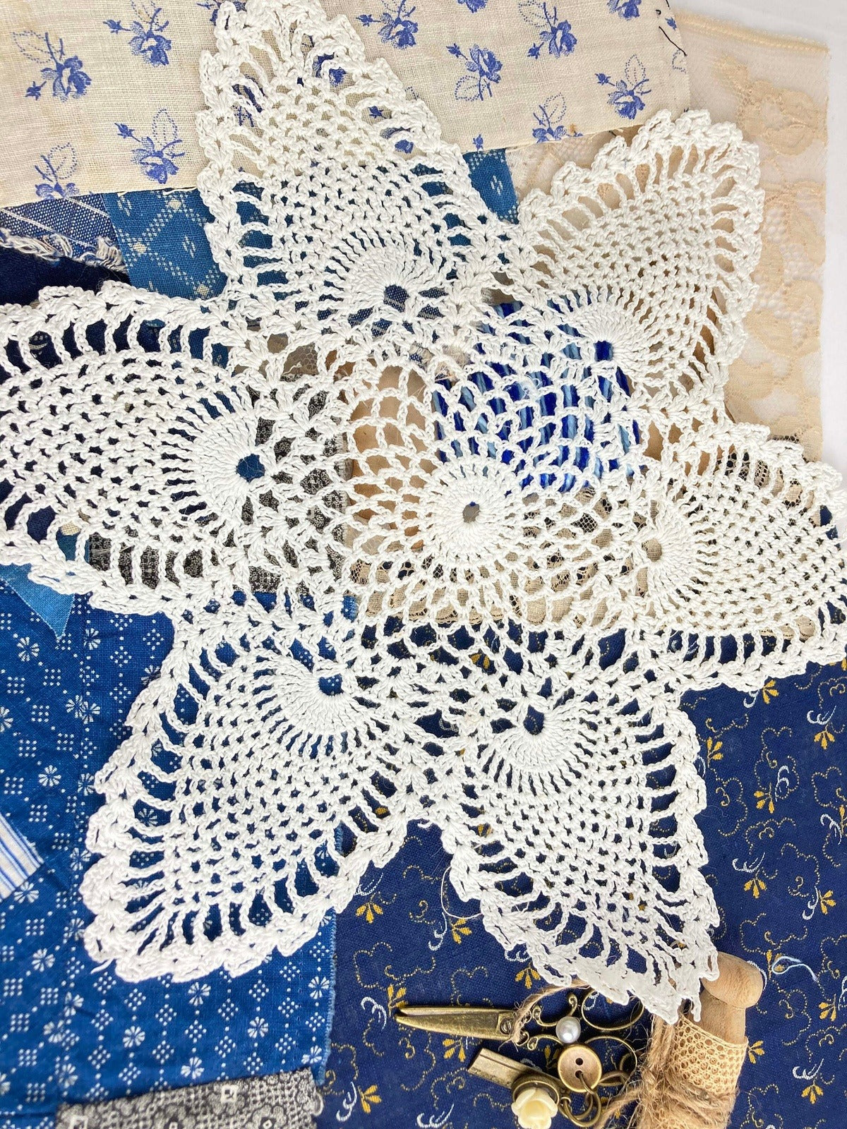 Indigo Blue Quilt Blocks and Trim, Antique Fabric and Lace Assortment, 1800s to 1920, Vintage Textiles  | for Junk Journals or slow stitch