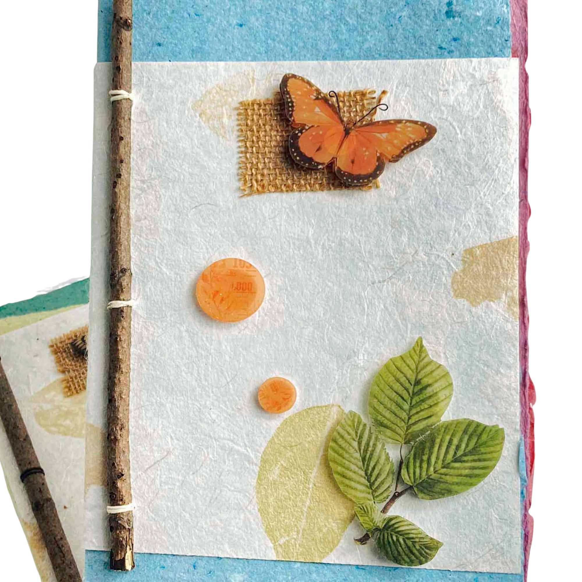 Botanical Art Journal with Handmade Paper Cover, Variety of Mixed Media Pages, Hand Sewn Binding with Stick Inserted