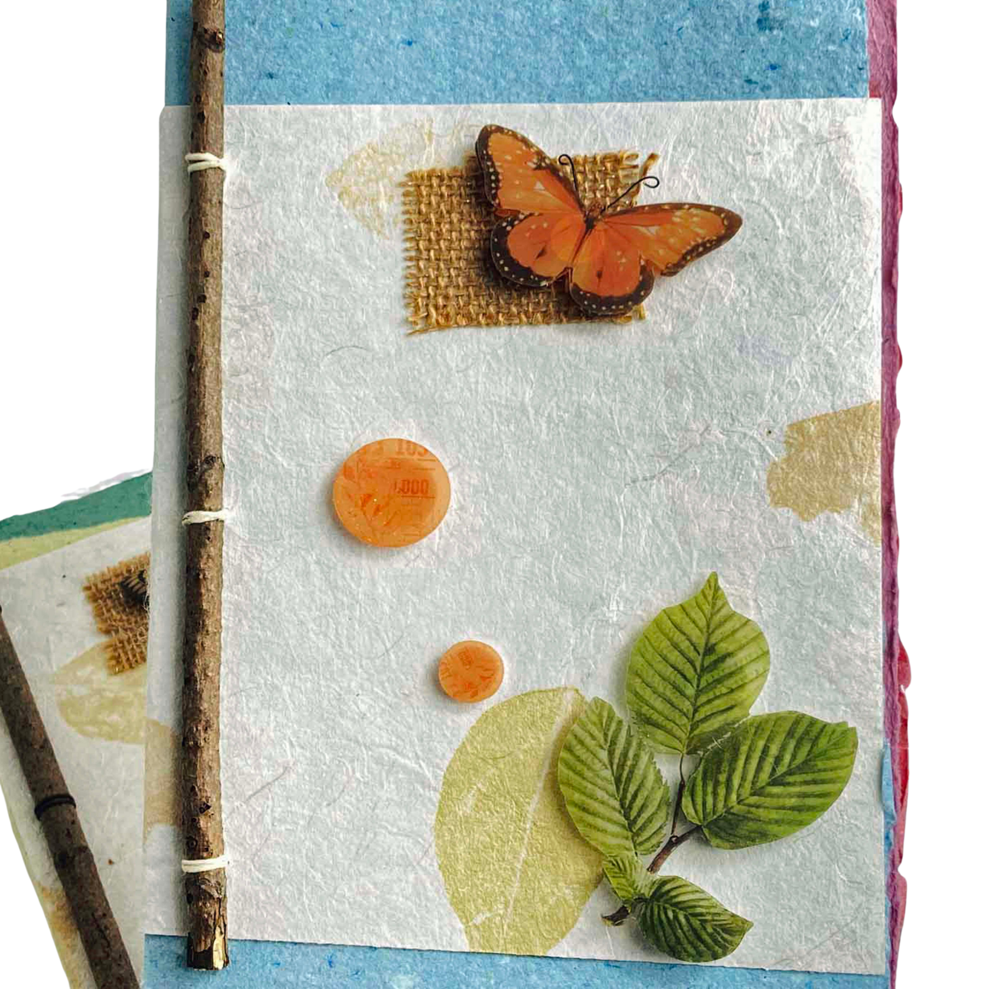 Botanical Art Journal with Handmade Paper Cover, Variety of Mixed Media Pages, Hand Sewn Binding with Stick Inserted